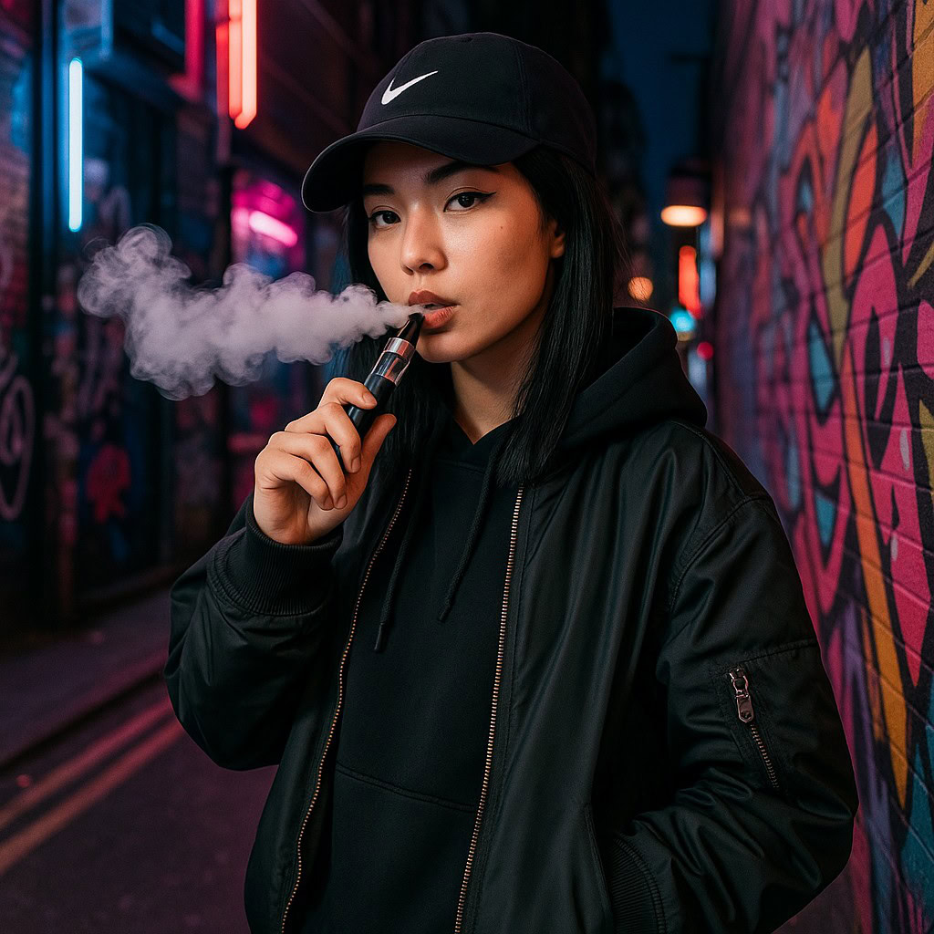 Person Wearing A Black Jacket And Hat, Vaping In A Vibrant Graffiti-Decorated Alley At Night.