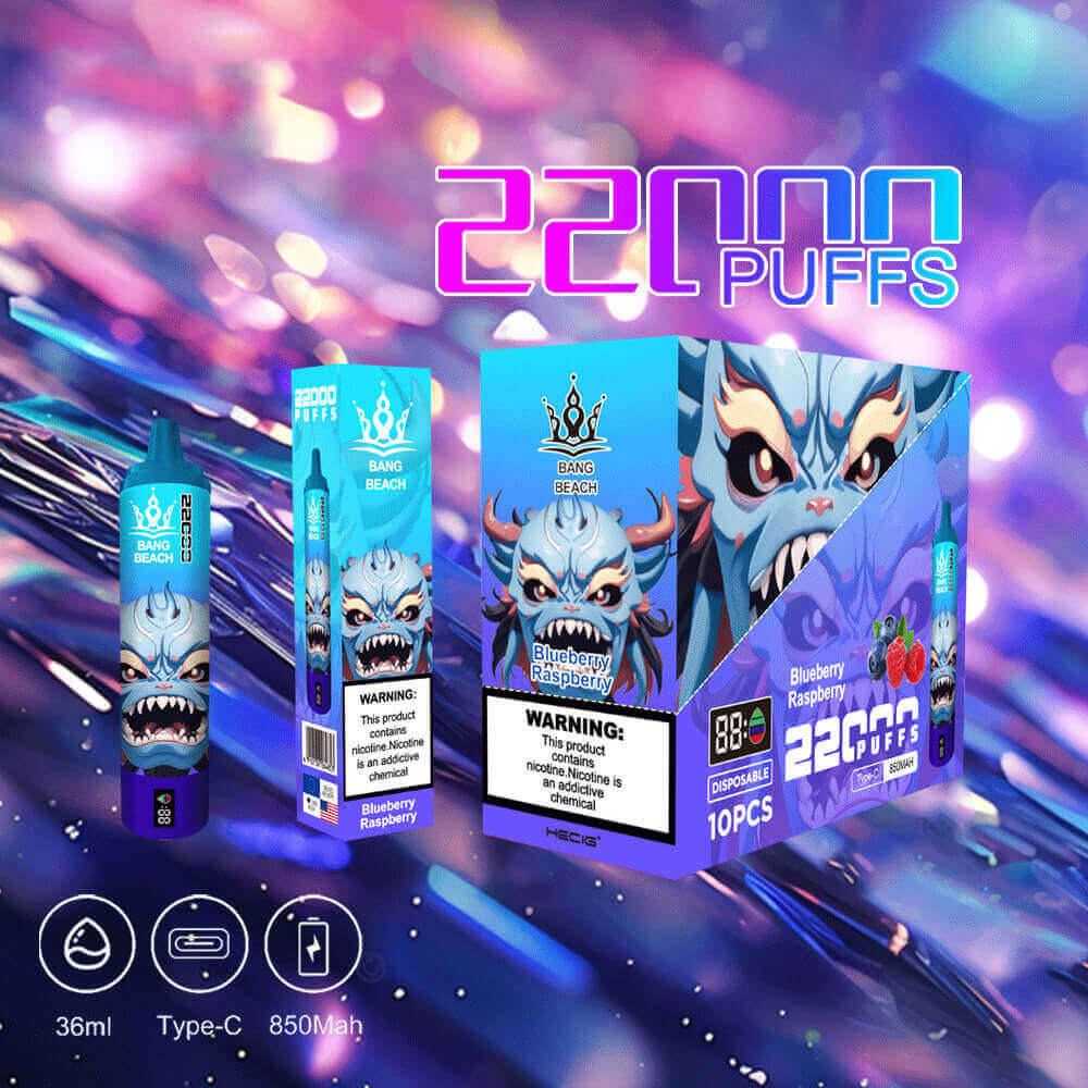 Promotional Image Featuring A Brightly Designed Disposable Vape Product Labeled 'Bang Beach Blueberry Raspberry,' With A Menacing Cartoon Face On The Packaging And Specifications Such As '22000 Puffs,' '36Ml,' 'Type-C,' And '850Mah.'