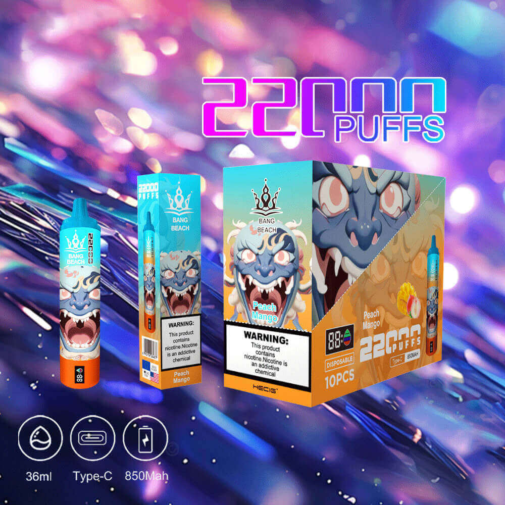 Colorful Advertisement Showcasing A Disposable Vaping Product Called &Quot;Bang Beach&Quot; With A Peach Mango Flavor, Featuring Vibrant Packaging With A Mythical-Inspired Design And Product Details Including 22000 Puffs And A Warning About Nicotine Use.