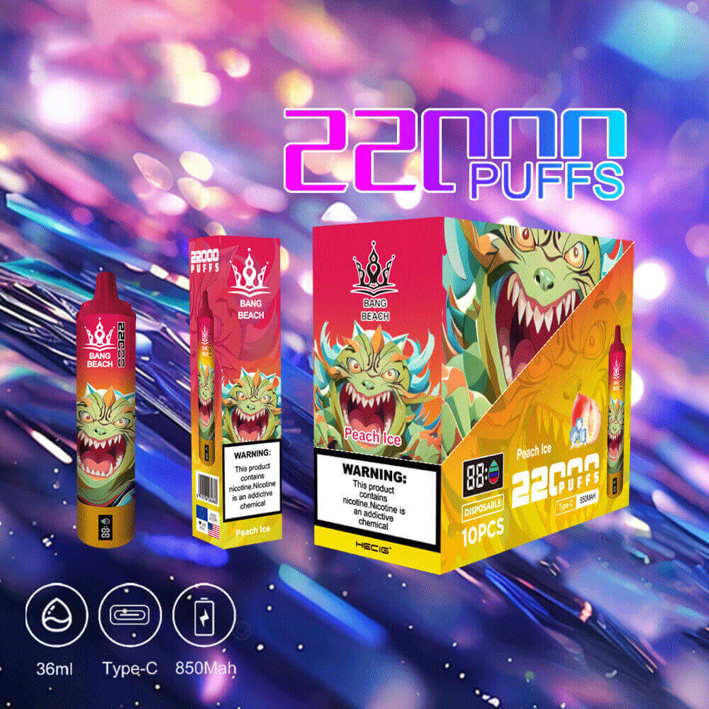 Promotional Image Showing Bang Beach Peach Ice Disposable Vape With 22,000 Puffs Capacity, Type-C Charging, And 850Mah Battery, Displayed With Illustrative Packaging Against A Colorful Backdrop.