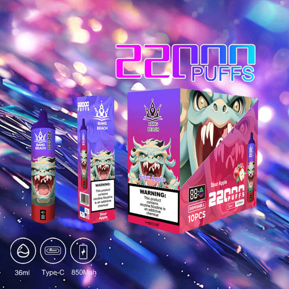 Product Display Of Bang Beach Disposable Vape In Sour Apple Flavor, Featuring A Dragon-Themed Design, With Packaging Highlighting 22,000 Puffs And Nicotine Warning Label, Against A Vibrant Abstract Background.