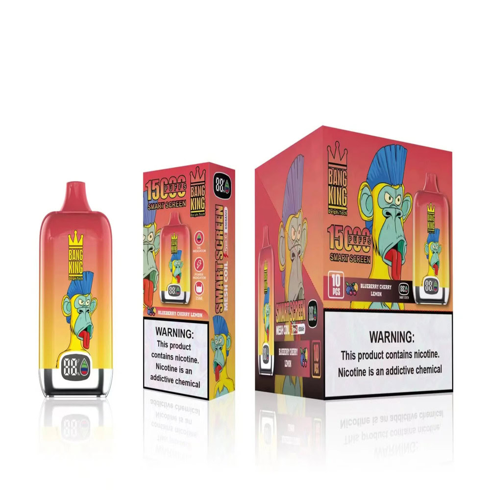 A Product Image Of Bang King Vapes, Featuring A Vaping Device And Its Packaging, Labeled With A Blue-Haired Monkey Design And Nicotine Warning Text.