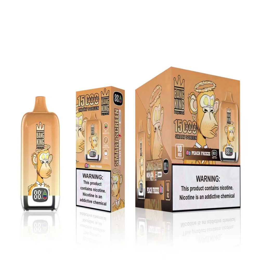 Packaging And Product Design For Bang King Peach Freeze Vaping Device Featuring A Monkey Graphic And Product Warning About Nicotine Addiction.