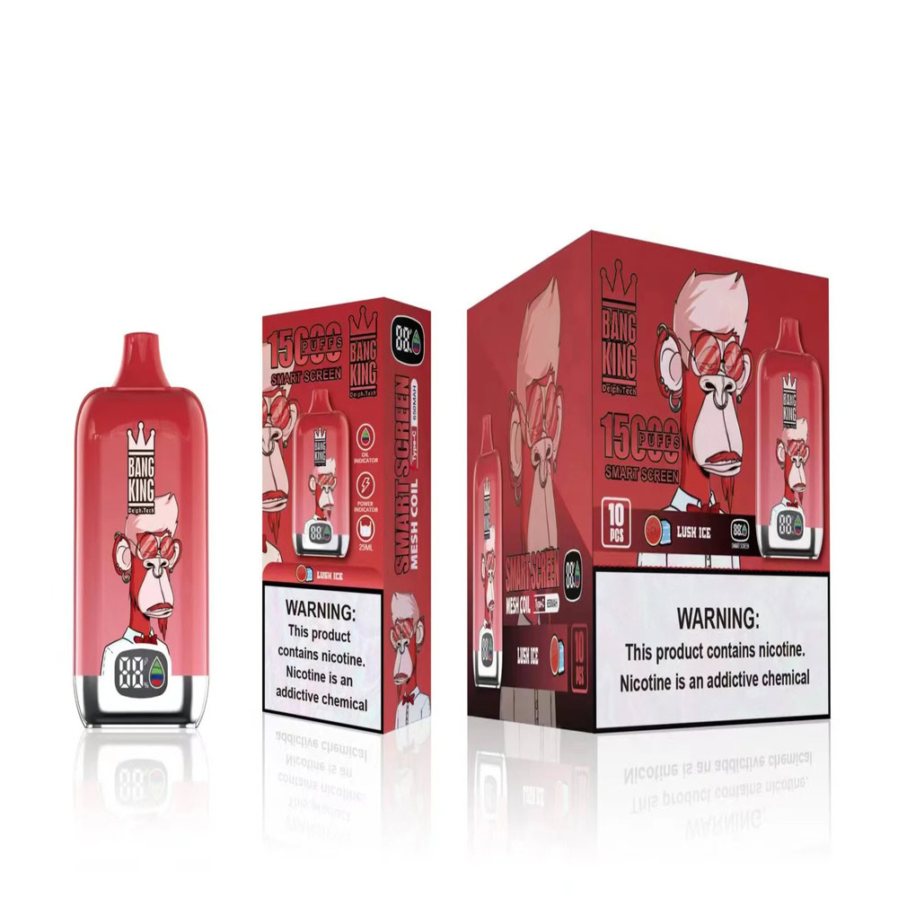 A Set Of Bang King Disposable Vape Packaging Featuring A Red Design With A Cartoon Monkey Wearing Glasses And A Crown, Highlighting 15,000 Puffs And Nicotine Warning Labels.