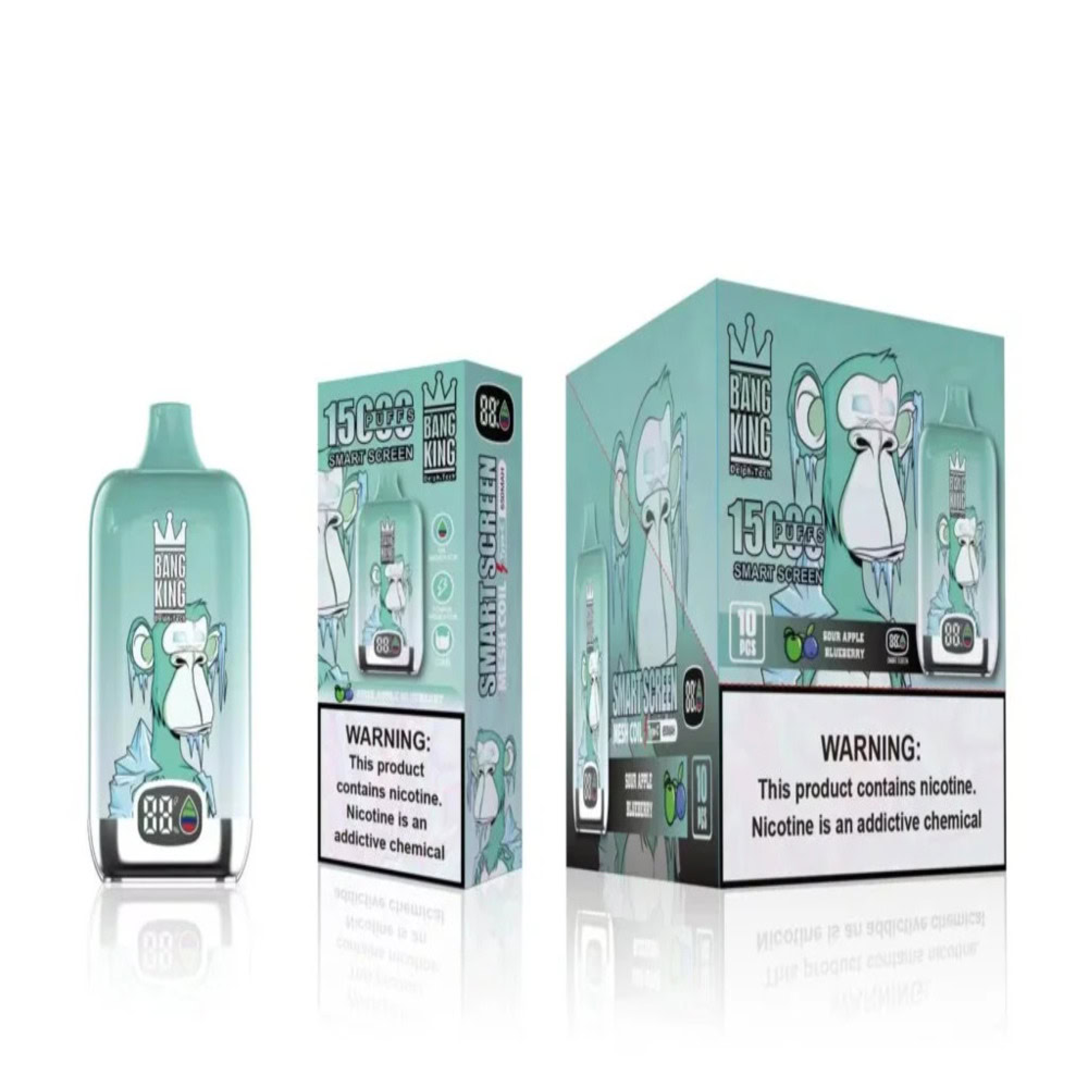 Promotional Packaging For Bang King Smart Screen E-Cigarettes Featuring A Stylized Monkey Mascot And Warnings About Nicotine Addiction, With Product Details Including Flavor And Puff Count Visible.