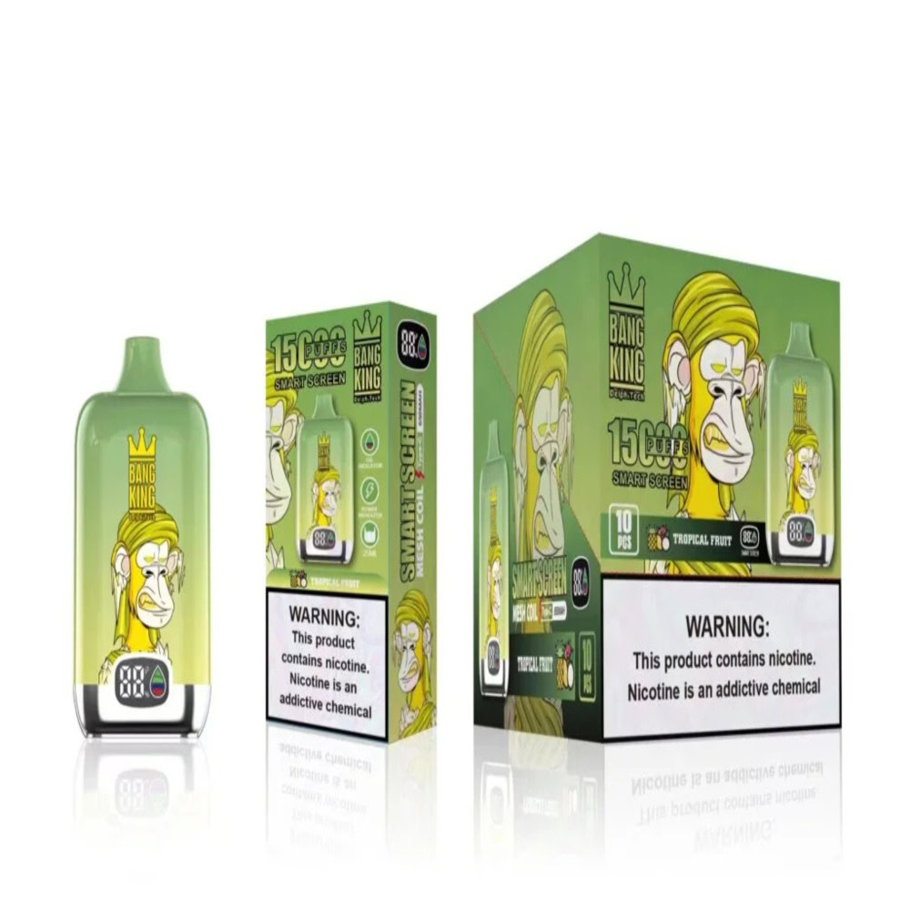 Product Packaging For A Disposable Vape Called Bang King, Featuring A Green Design With A Cartoon Monkey Wearing A Crown, And Nicotine Warning Labels.