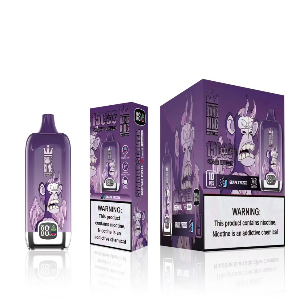 A Display Of A Purple Bang King Vaping Device And Its Packaging, Featuring Gorilla-Themed Artwork And Health Warnings About Nicotine Addiction.