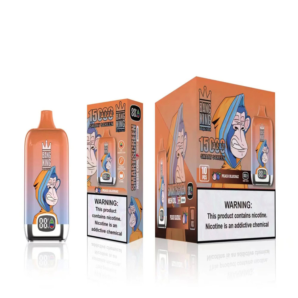Product Image Of Bang King Vape Device And Packaging Highlighting The 15,000 Puff Capacity With 8% Nicotine Featuring A Colorful Monkey Mascot Design In Orange And Blue Tones Labeled As 'Peach Blue Razz'.