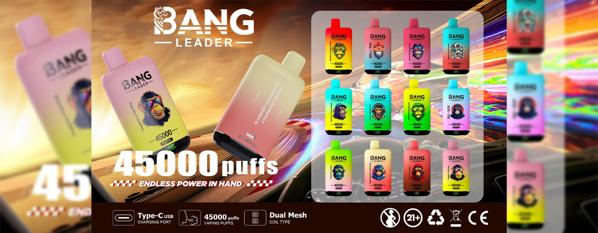 Promotional Image Showcasing Various Designs Of Bang Leader E-Cigarettes With 45,000 Puffs Capacity, Usb Type-C Charging, And Dual Mesh Coil Technology.