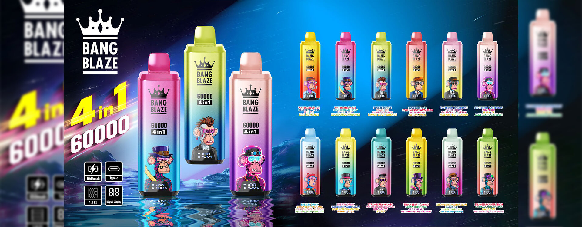 Colorful Advertising Poster Displaying A Range Of Bang Blaze 4-In-1 Vaping Devices, With Various Flavors And Cartoon Mascots Illustrated On Their Packaging.