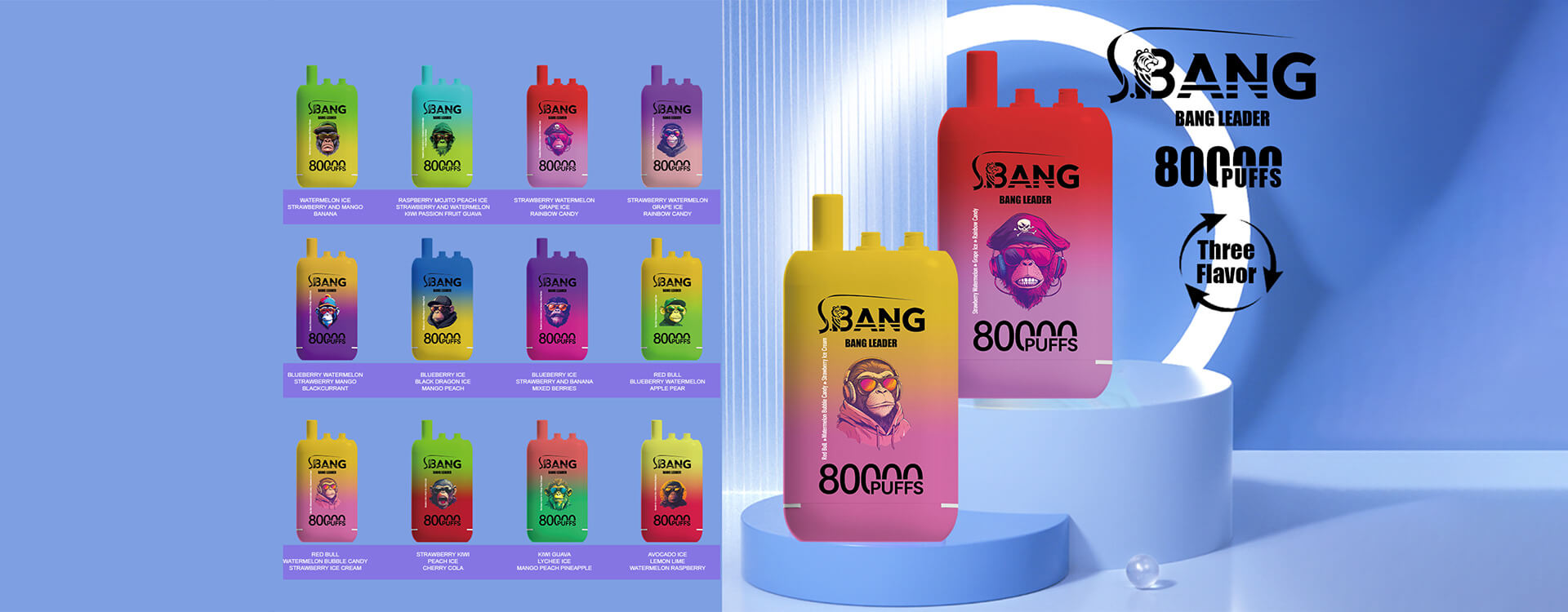 Promotional Display Featuring Bang Leader Disposable Vape Products Showcasing Various Flavor Options, With Two Prominently Larger Vape Devices In Red And Yellow Positioned On A Podium, All Set Against A Stylized Blue Background.