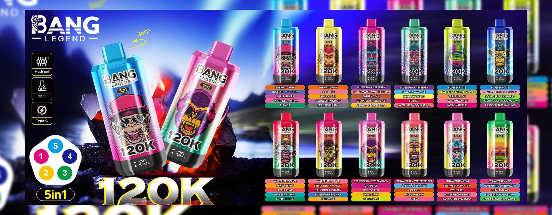 Promotional Image For 'Bang Legend' 5-In-1 Flavor Vaping Products, Showcasing Colorful Designs Of Devices With Vibrant Graphics, Flavor Options Listed Below Each Device, And Product Features Like 50Ml Capacity And Type-C Charging Port Highlighted.