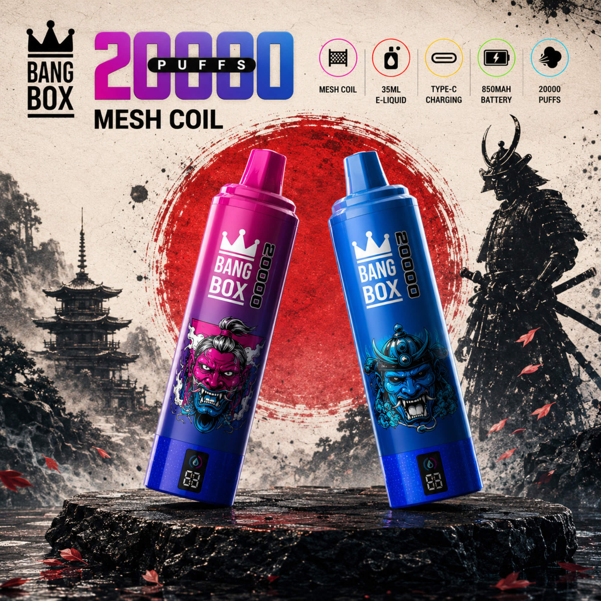 Promotional Ad For Bang Box 20K-Puff Mesh Coil Vapes, Showing Two Colorful Devices And Feature Icons