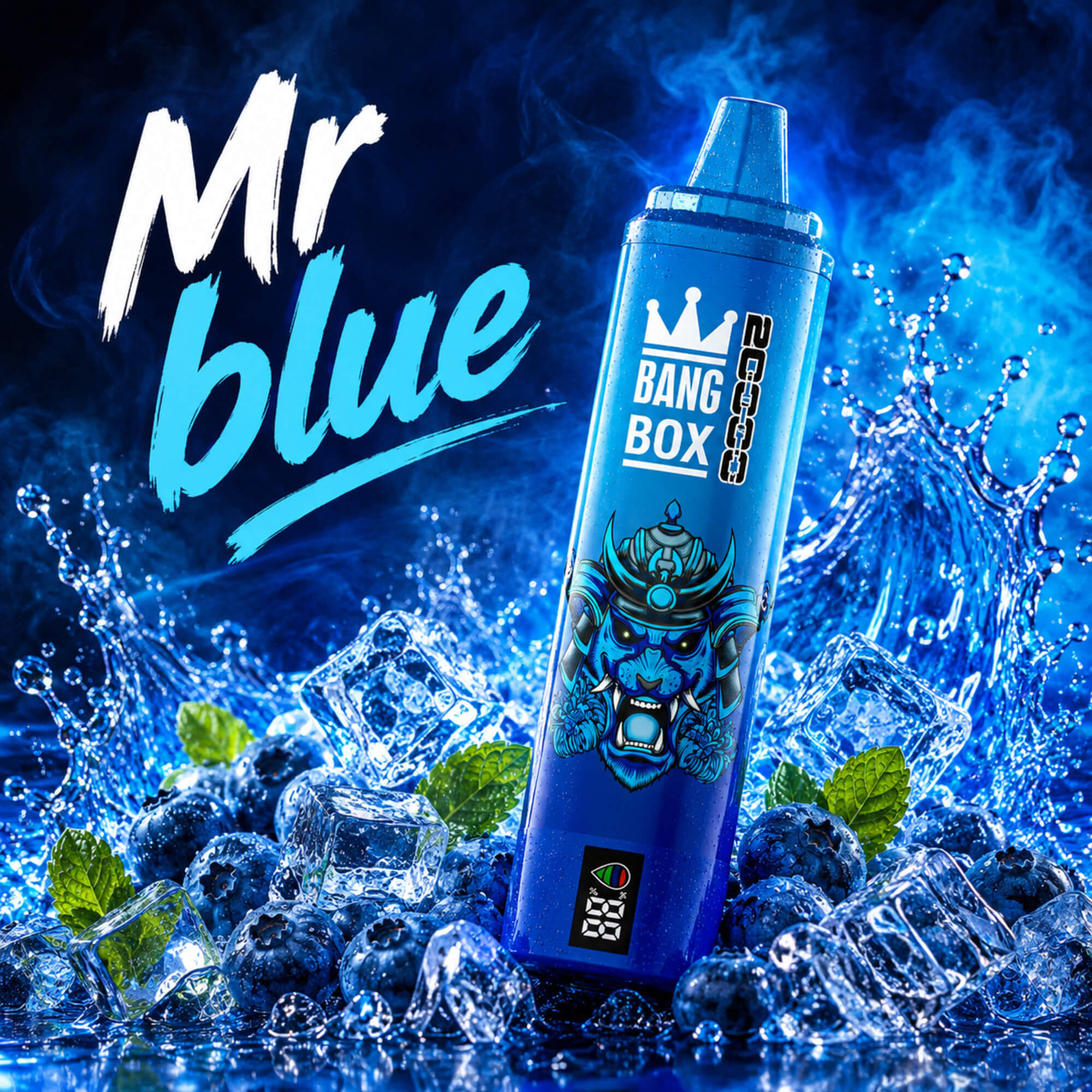 Blue Mr Blue Bang Box Vape Device With Blueberries, Ice, Mint, And Splashing Water In A Blue Background