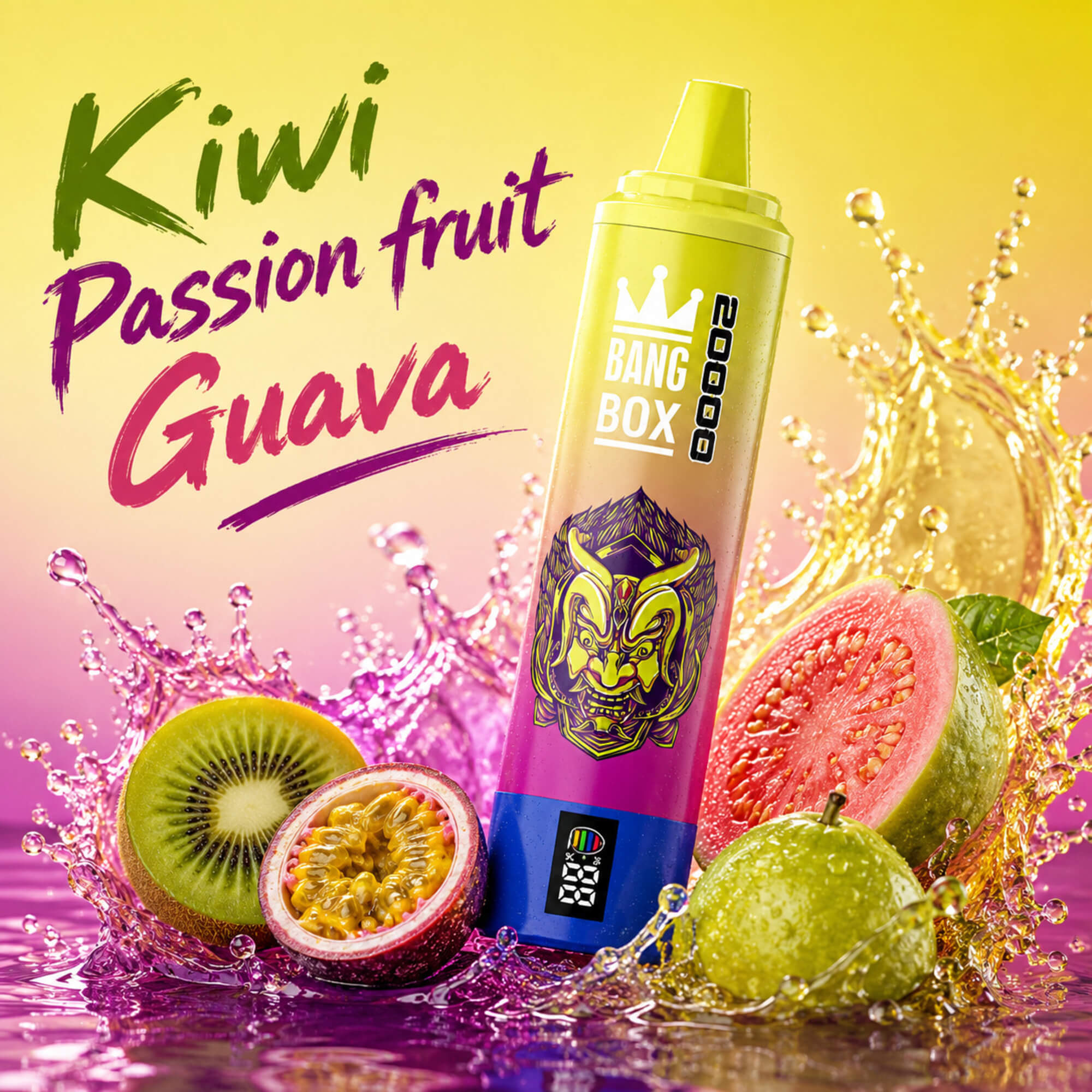 Kiwi Passion Fruit Guava Bang Box Vape Surrounded By Splashing Fruit Slices On A Bright Background