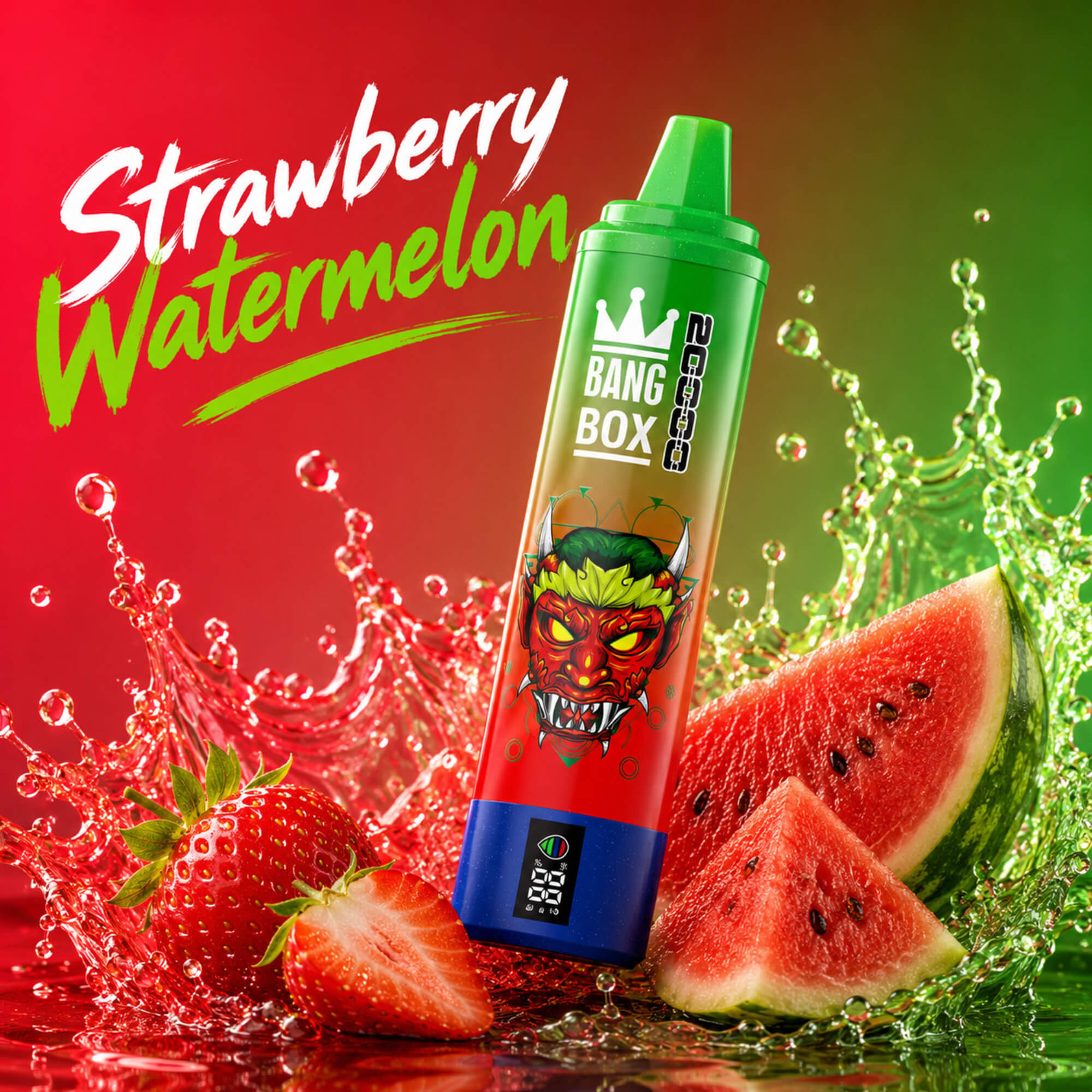 Strawberry Watermelon Bang Box Vape Pen With Fruit Splashes And Sliced Strawberries And Watermelon