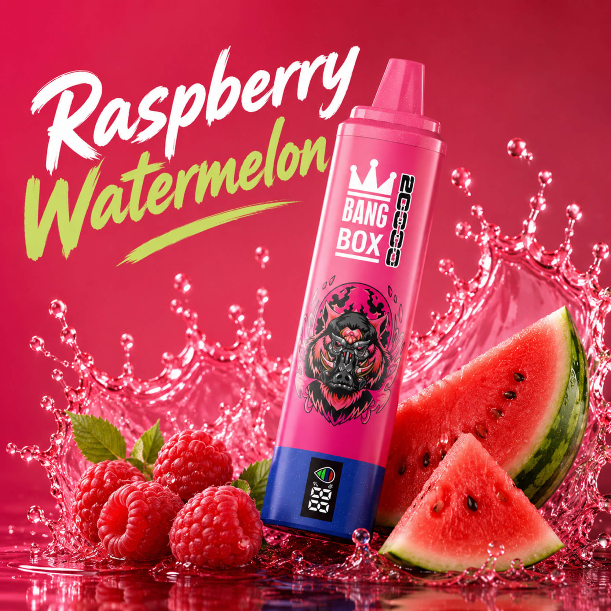 Pink Bang Box Vape With Raspberry-Watermelon Flavor, Raspberries, Watermelon Slices, And Splashing Liquid On A Red Background