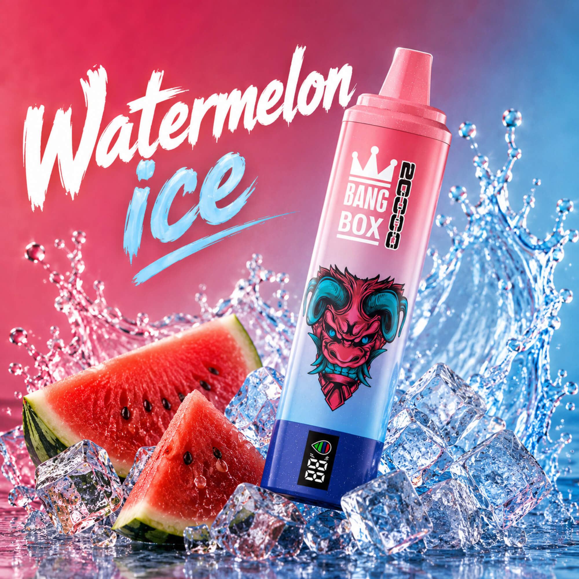 Pink-And-Blue Watermelon Ice Vape Bottle With Splashy Ice Cubes And Watermelon Slices On A Vivid Background