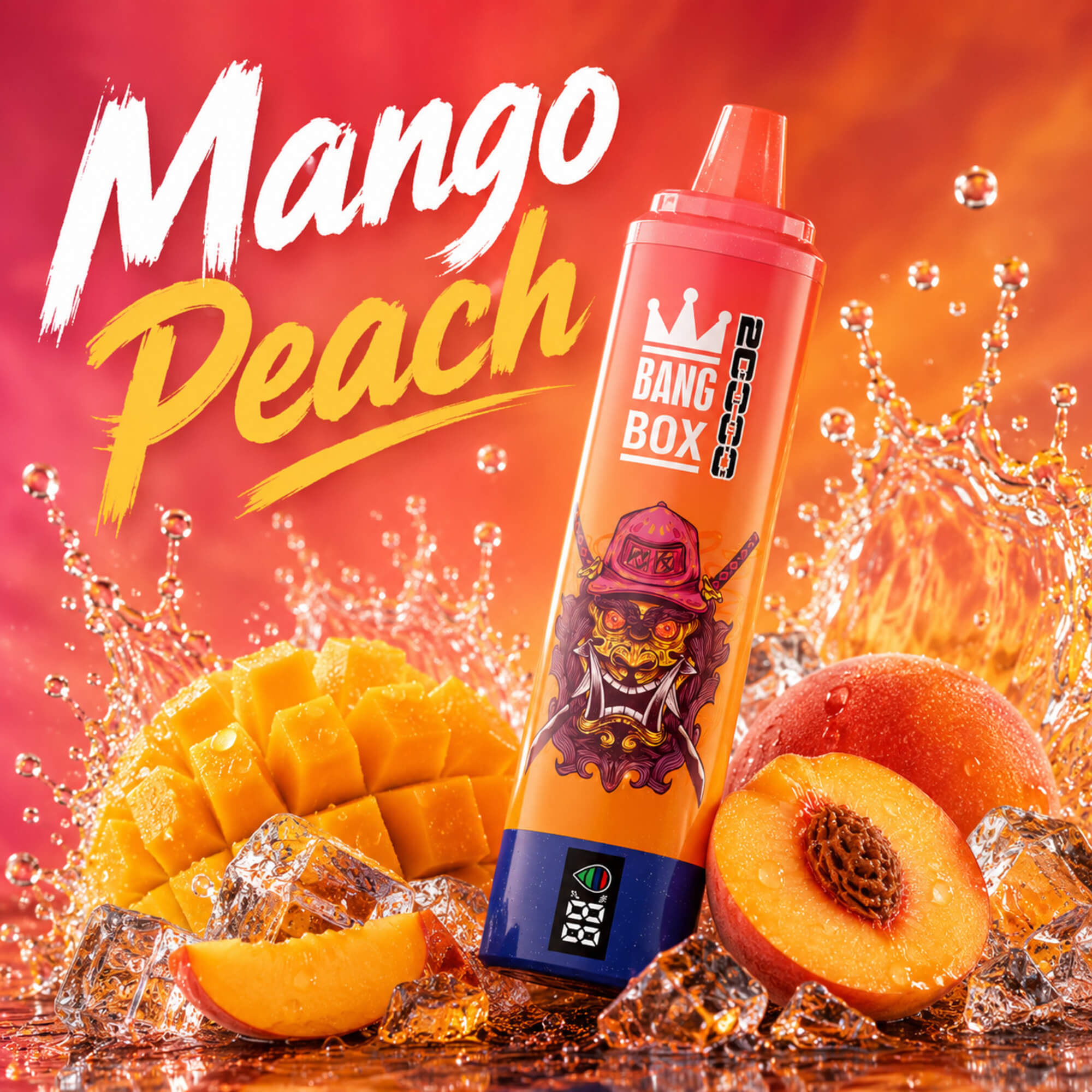 Mango Peach Vape Device With Mango Chunks And Peach Halves In Splashing Juice