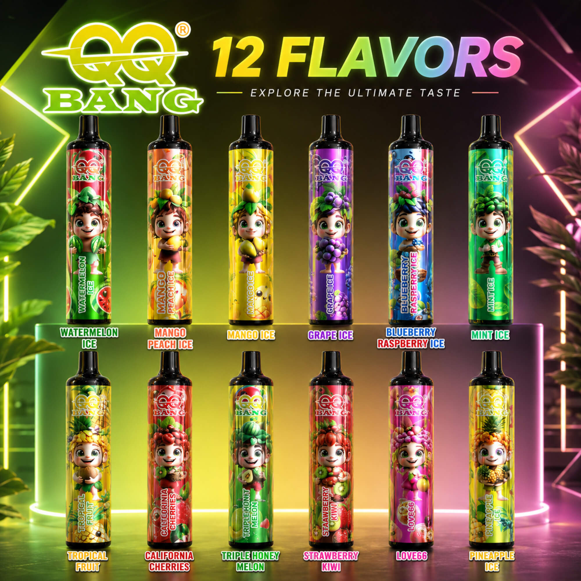 **Creating Alt Text** I Need To Generate Concise Alt Text For An Image That'S A Promotional Graphic Showcasing Qq Bang'S 12 Flavors, Featuring 12 Vape-Like Bottles. I Want To Be Careful Not To Infer Too Much About The Product. Instead, I Should Focus On Describing The Layout And The Text. I Think Crafting The Alt Text As One Clear Sentence That Lists The Flavors Would Be Effective. Let’s Make It Straightforward And Accurate! Promotional Graphic For “Qq Bang 12 Flavors,” Showing 12 Colorful Drink Or Vape Bottles Arranged In Two Rows With Cartoon Fruit-Themed Characters On The Labels; Flavors Include Watermelon Ice, Mango Peach Ice, Mango Ice, Grape Ice, Blueberry Raspberry Ice, Mint Ice, Tropical Fruit, California Cherries, Triple Honey Melon, Strawberry Kiwi, Love66, And Pineapple Ice