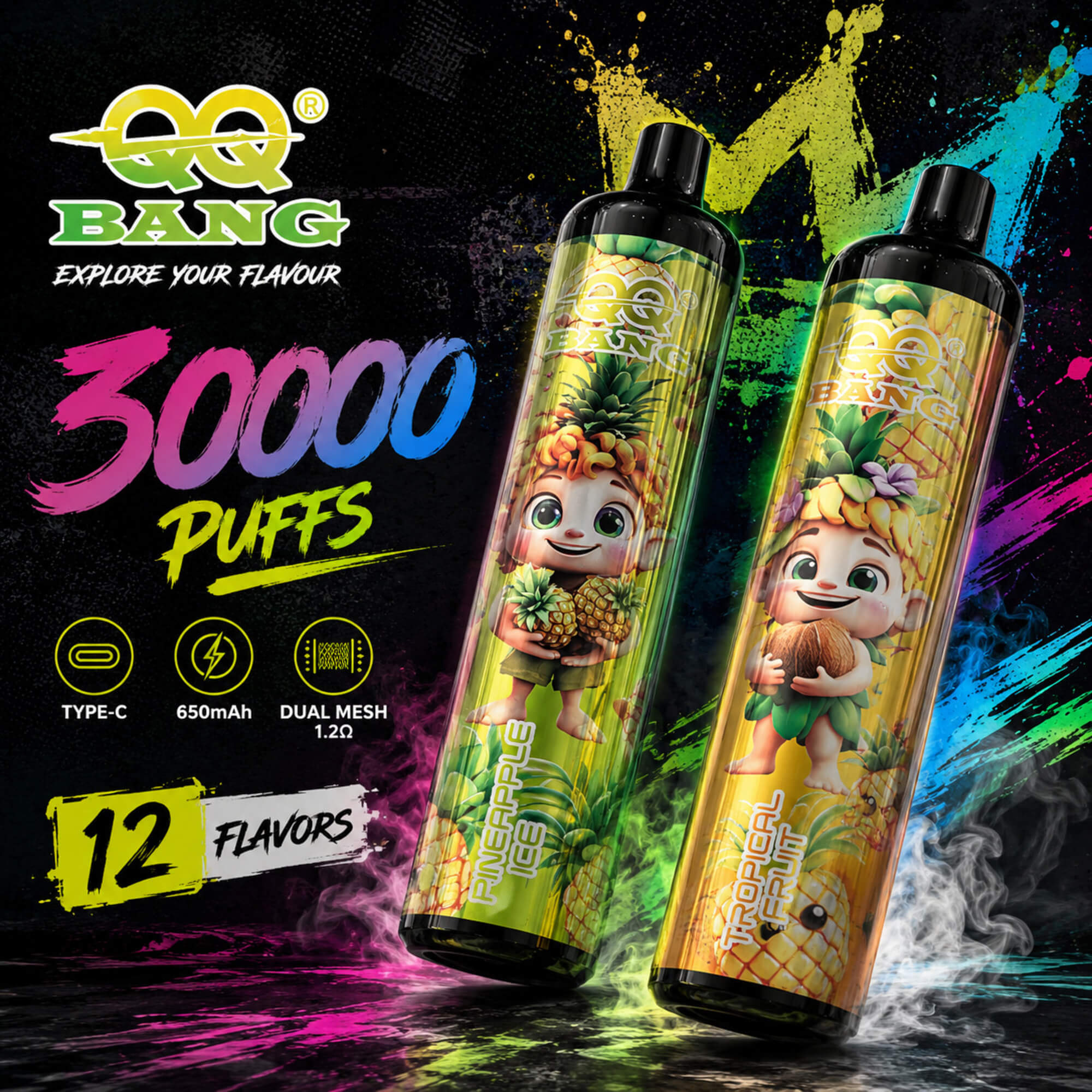 **Creating Alt Text For Graphic** I Need To Generate Concise Alt Text That'S About A Sentence Long And Avoid Too Much Interpretation. The Graphic Is A Promotional Piece For The Eqq Bang 30K, Which Offers 30,000 Puffs And Comes In 12 Different Flavors. It Shows Two Disposable Vapes With Pineapple And Tropical Fruit Designs, And The Specs State It Has Type-C Charging, A 650Mah Battery, And Dual Mesh At 1.2 Ohms. Let’s Craft That Alt Text! Promotional Graphic For Eq Bang “30000 Puffs” Disposable Vape, Showing Two Colorful Tropical-Flavor Devices With Cartoon Fruit Characters And Bright Paint-Splatter Background, Plus Text Highlighting 12 Flavors, Type-C Charging, 650Mah Battery, And Dual Mesh 1.2 Ohm