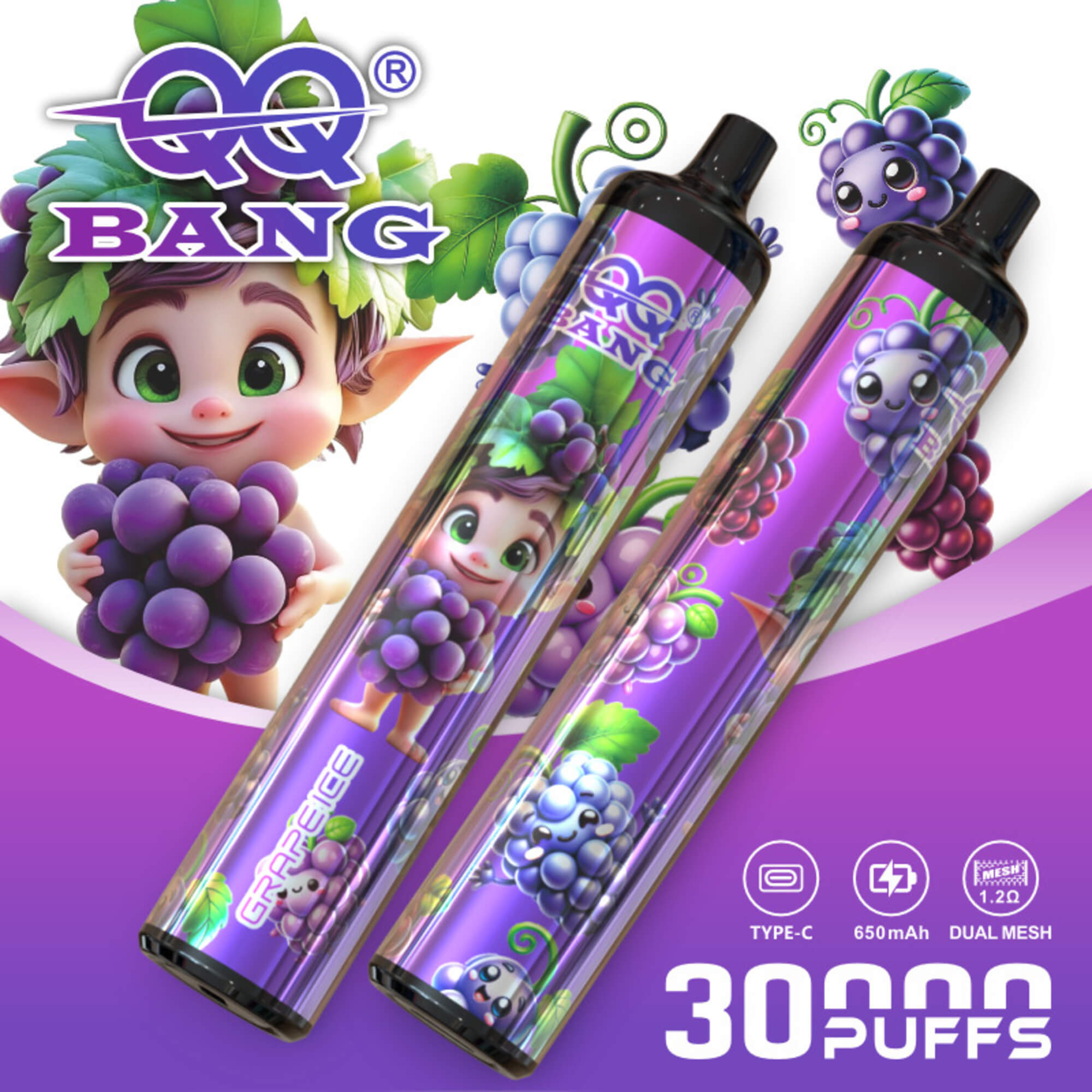 **Generating Alt Text For Advertisement** I Need To Create Concise Alt Text For What Appears To Be An Advertisement For A Qq Bang Disposable Vape, Since The Image Shows The Vape Product. It’s Interesting To Think About How To Describe It Without Mentioning Consumption. I'Ll Focus On Being Clear And Descriptive While Keeping It Concise. The Goal Is To Capture The Essence Of The Product In A Straightforward Way. Promotional Graphic For Qq Bang Grape-Flavored Disposable Vape Devices, Showing A Cartoon Grape Character, Two Purple-And-Black Vape Pens, And Product Features Like Type-C Charging, 650 Mah Battery, Dual Mesh, And “30,000 Puffs.”