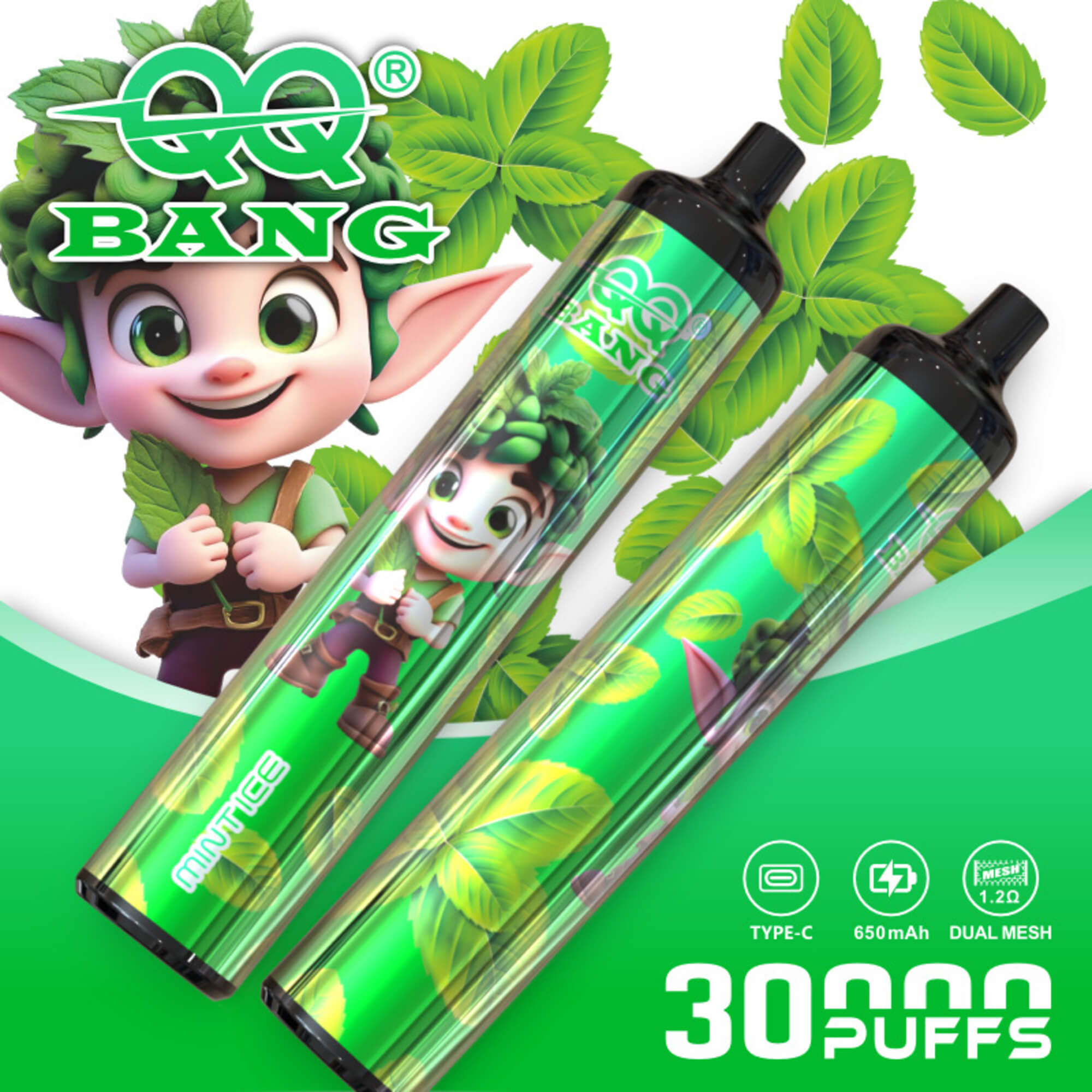 **Generating Alt Text** I Need To Create Concise Alt Text For What Seems To Be A Vape Ad. The User Is Specifically Asking For Just The Alt Text, So I’ll Focus On Conveying The Essential Details Clearly. I Want To Make Sure It’s Descriptive Enough For Someone Who Can'T See The Image While Keeping It Straightforward. Let’s Focus On Key Elements Without Overwhelming Specifics. I’m Working To Get It Right For The User! Promotional Graphic For “Qq Bang” Featuring A Cartoon Elf Character With Green Hair And Leaf Motifs, Two Green Transparent Vape Devices, And Text Highlighting “Type-C,” “650 Mah,” “Dual Mesh 1.2Ω,” And “30000 Puffs.”
