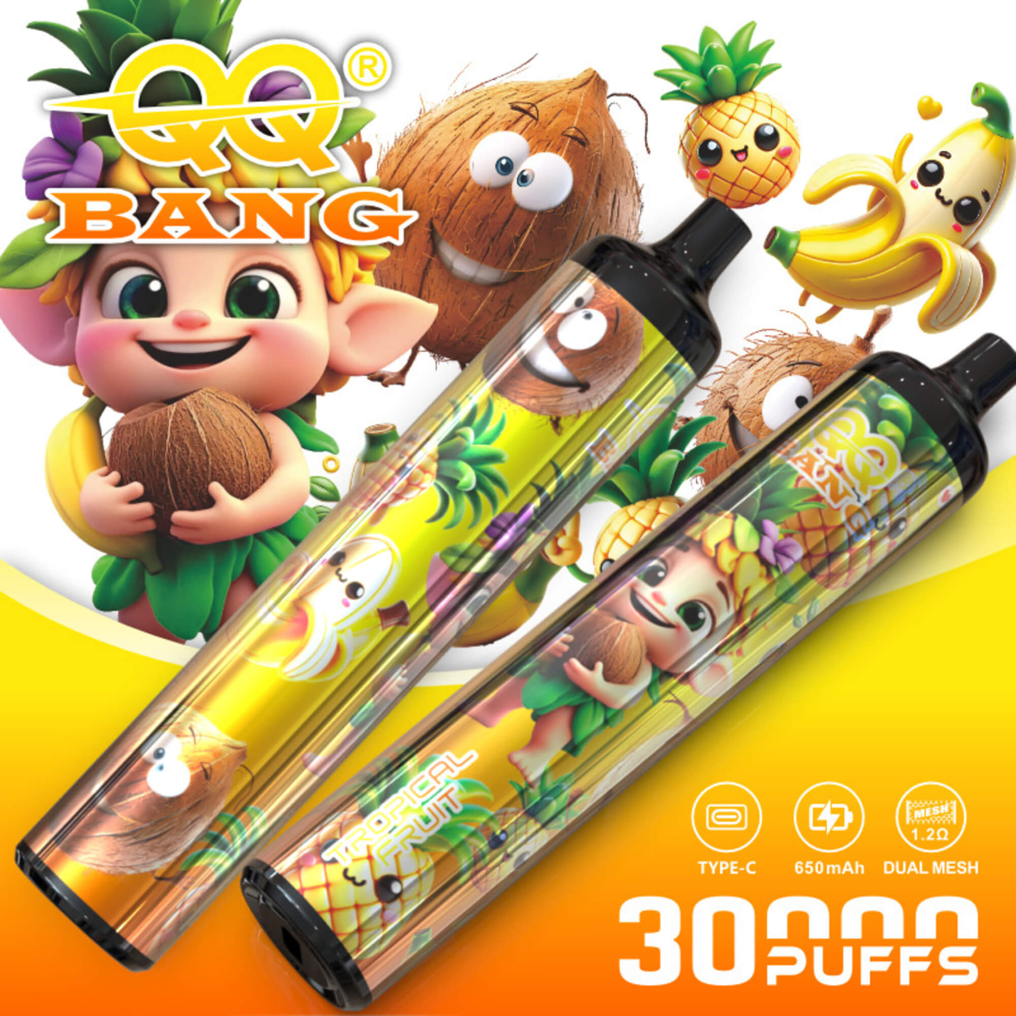 **Generating Alt Text** I Need To Create Concise And Descriptive Alt Text For An Advertisement Featuring Qq Bang Tropical Fruit-Flavored Vape Disposables. The Image Includes Cartoon Characters Representing Kids And Fruits, Along With Two Devices, Stating Features Like &Quot;3000 Puffs,&Quot; &Quot;Type-C,&Quot; And &Quot;650Mah,&Quot; Plus &Quot;Dual Mesh.&Quot; However, I Should Be Careful Not To Endorse The Product Directly. So, Let’s Work On Crafting Clear And Appropriate Alt Text! Promotional Image For Qq Bang Disposable Vape Devices With A Tropical Fruit Theme, Featuring Cartoon Coconut, Pineapple, And Banana Characters, Two Colorful Vape Pens, And Text Highlighting “3000 Puffs,” Type-C Charging, 650Mah Battery, And Dual Mesh