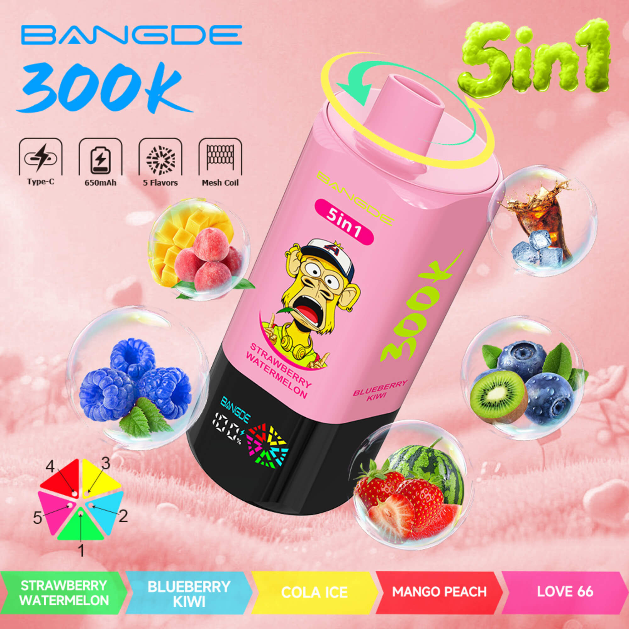 Pink Bangde 300K Vape Ad With Flavor Bubbles, Feature Icons, And A 5-In-1 Device Labeled Strawberry Watermelon