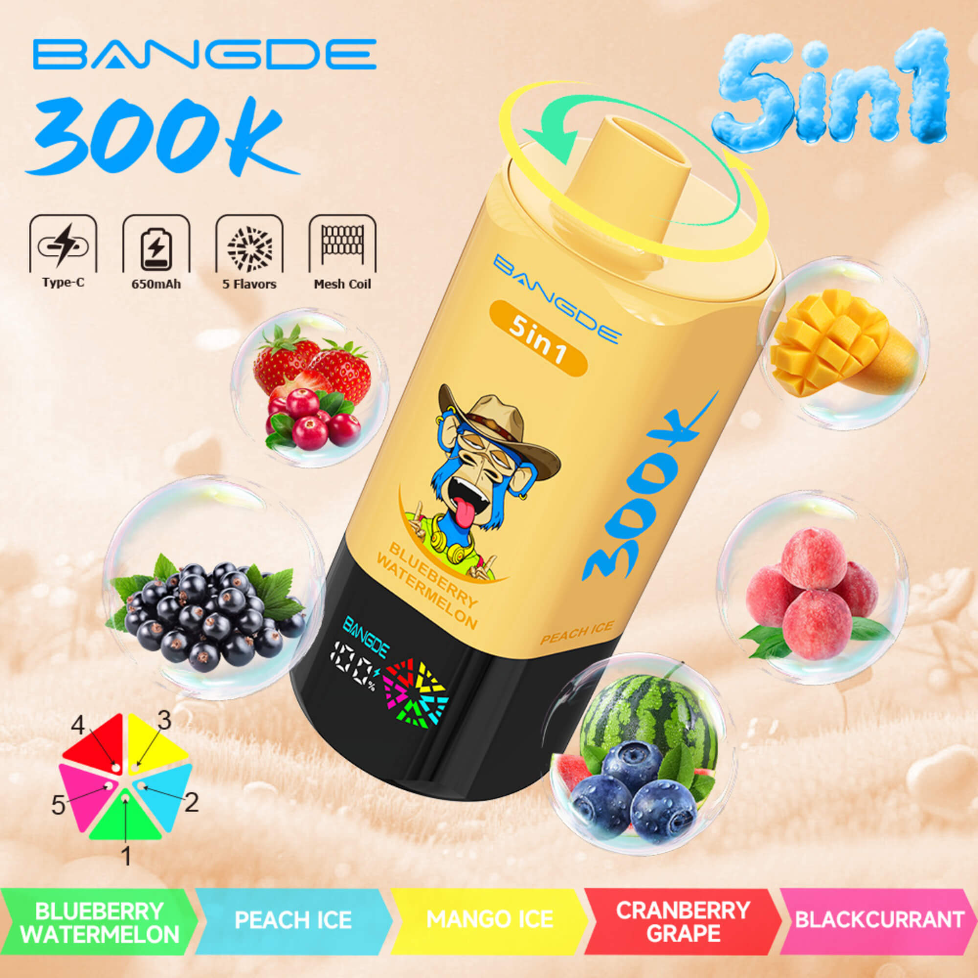 Colorful Ad For A Bangde 300K 5-In-1 Vape With Flavor Bubbles And Feature Icons On A Peach Background