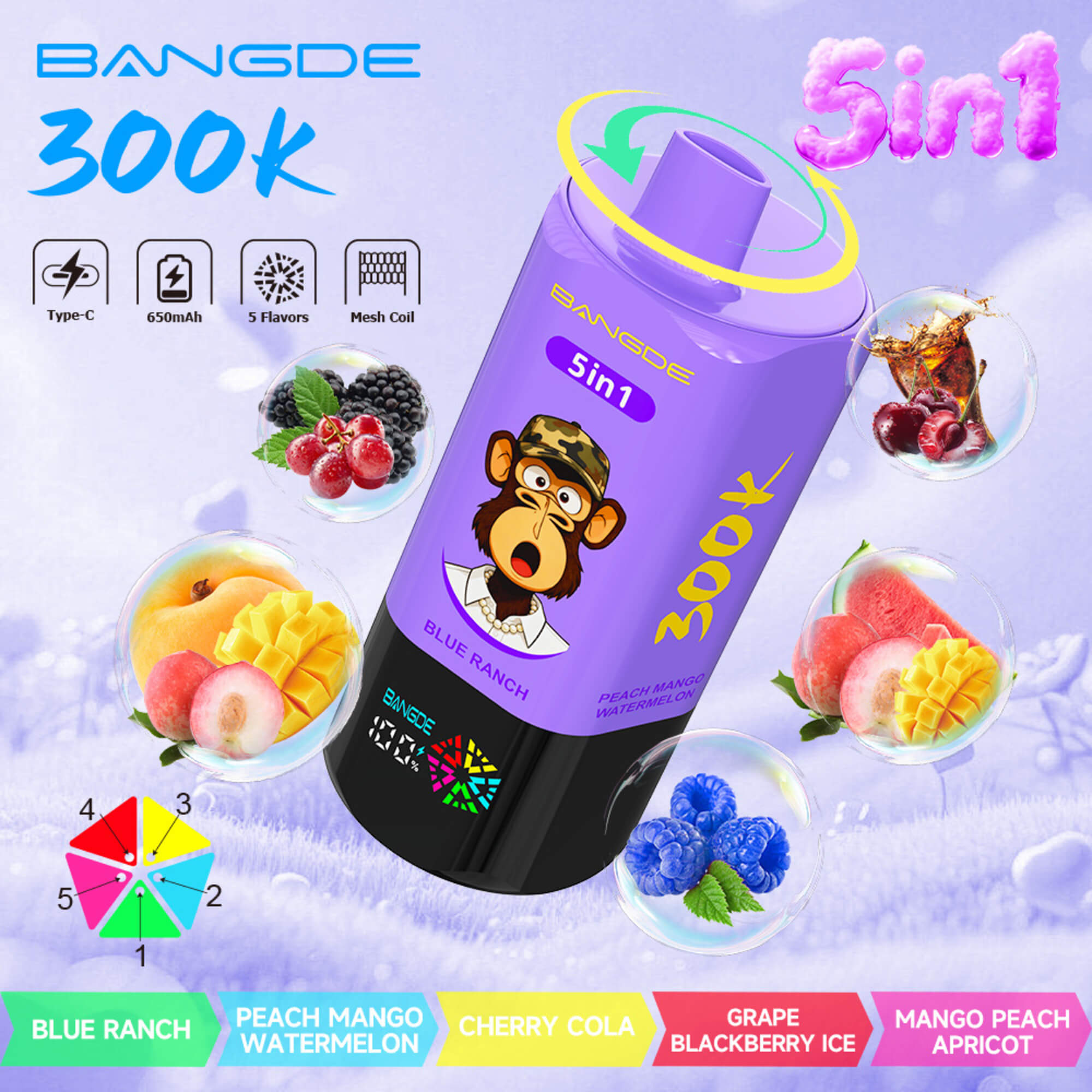 Bangde 300K Vape Advertisement Showing A Purple 5-In-1 Device With Five Flavor Options And Fruit Icons