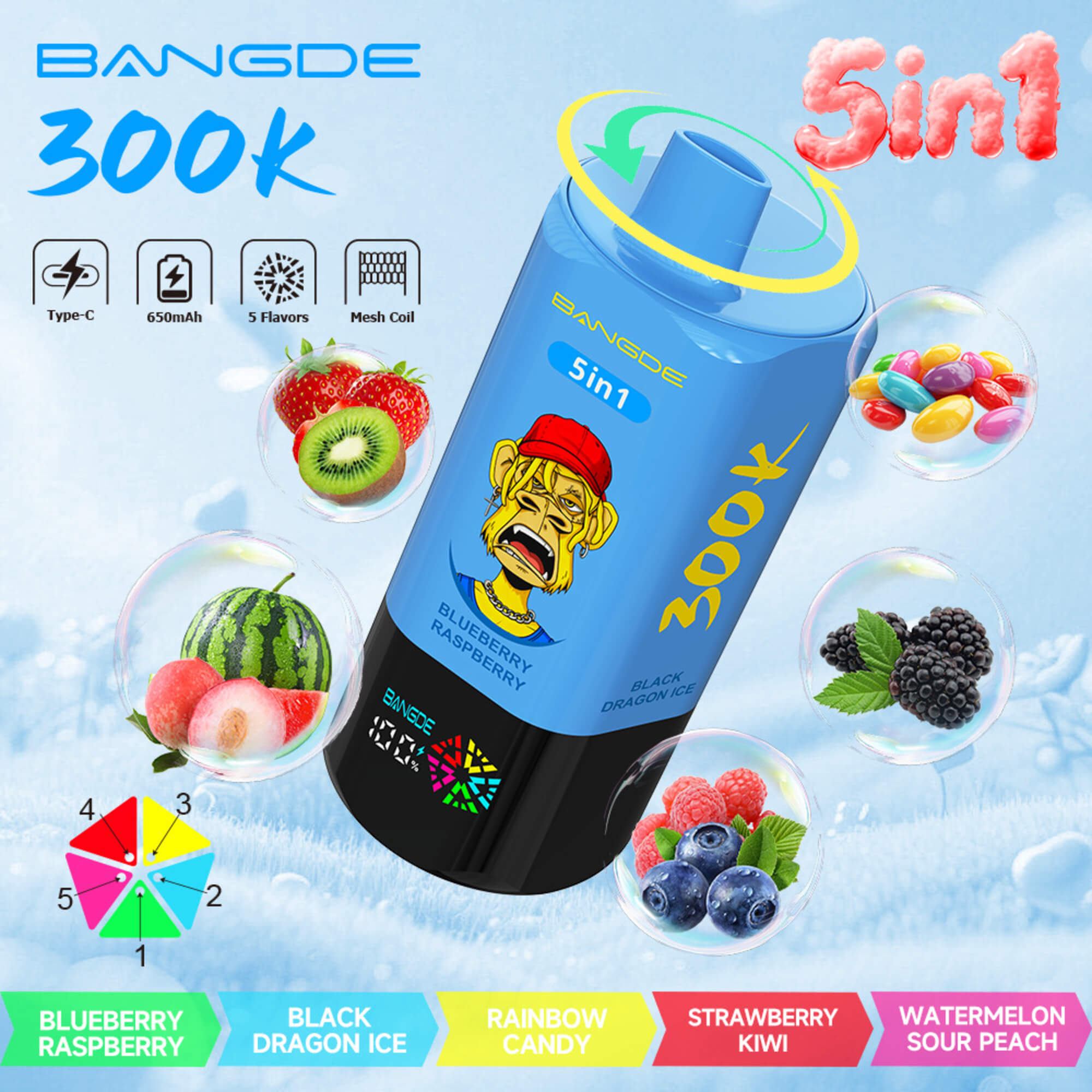 Bangde 300K 5-In-1 Vape Ad With Fruit Flavor Bubbles, Type-C, 650Mah, Mesh Coil, And 5 Flavors Shown