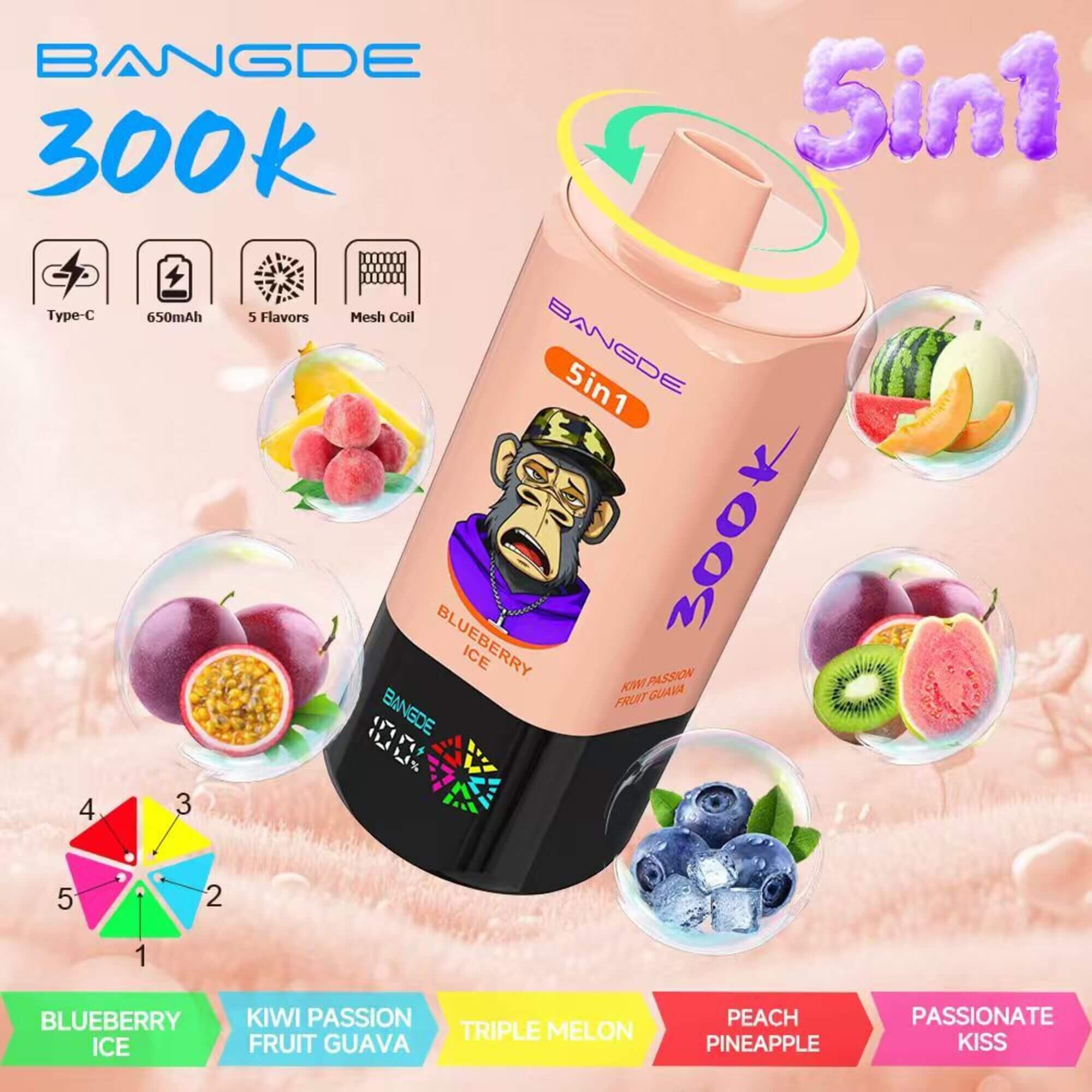 Bangde 300K Sin1 Vape Ad With Fruit Flavor Bubbles And Listed Features: Type-C, 650Mah, 5 Flavors, Mesh Coil