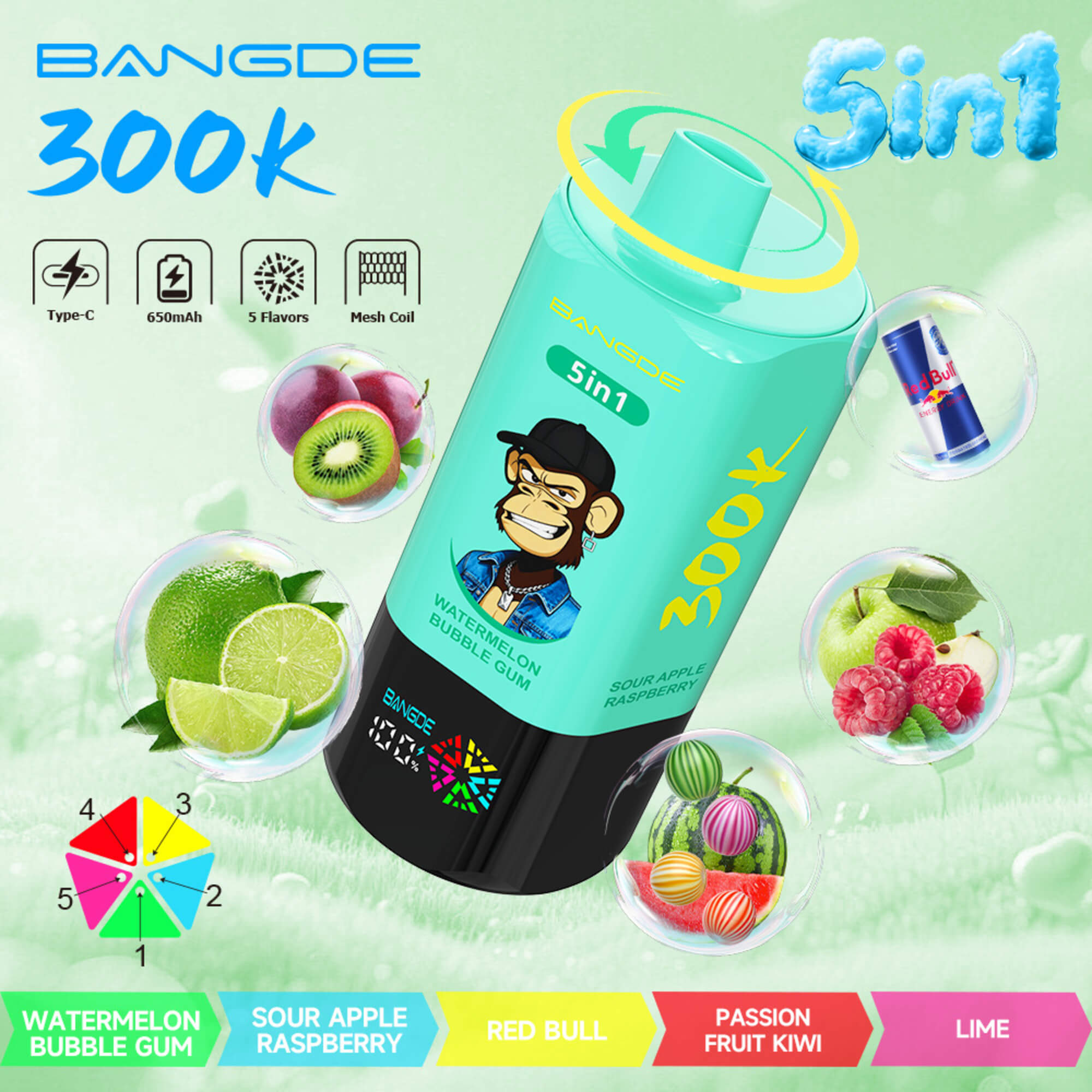 Bangde 300K Vape Ad Showing A Turquoise Sin1 Device With Five Flavor Options And Fruit Flavor Bubbles