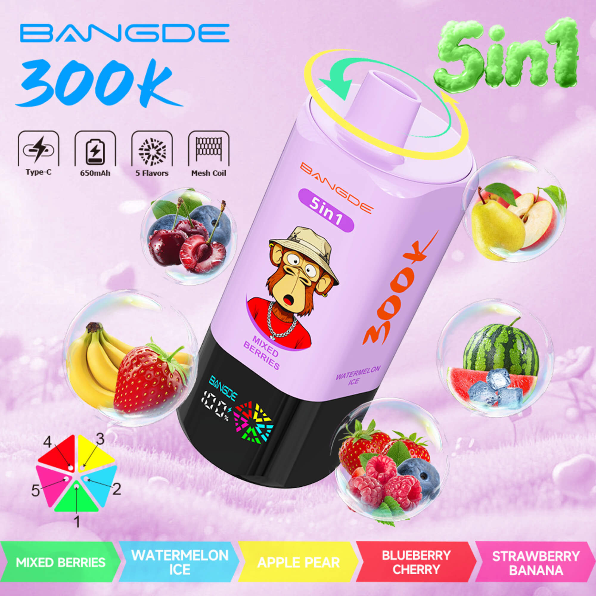 Bangde 300K 5-In-1 Vape Ad With Fruit Flavor Bubbles And Type-C, 650Mah, 5 Flavors, Mesh Coil Icons