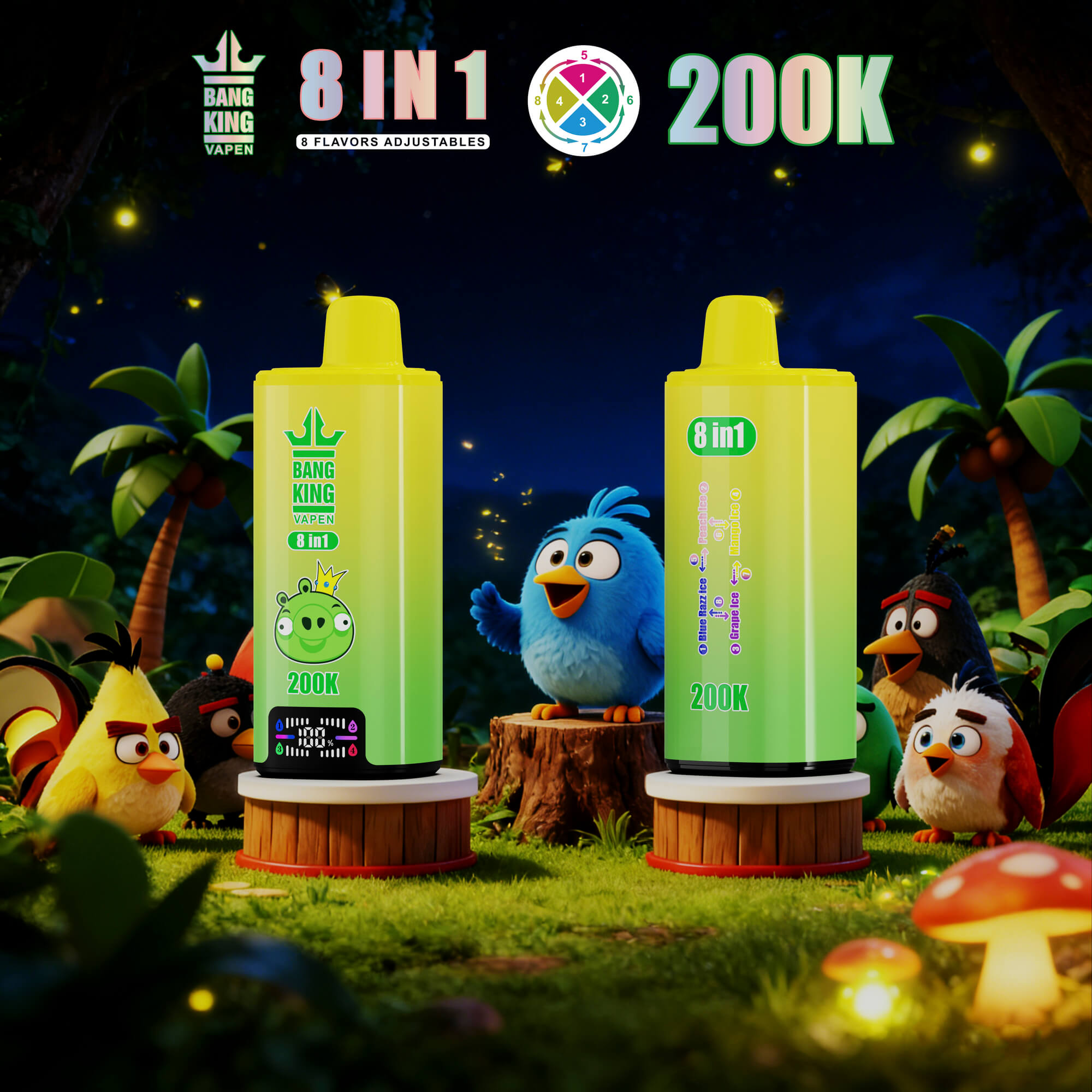 Two Green Bang King Vapen 8-In-1 200K Vape Devices Shown In A Cartoon Forest With Angry Birds Characters And Glowing Lights
