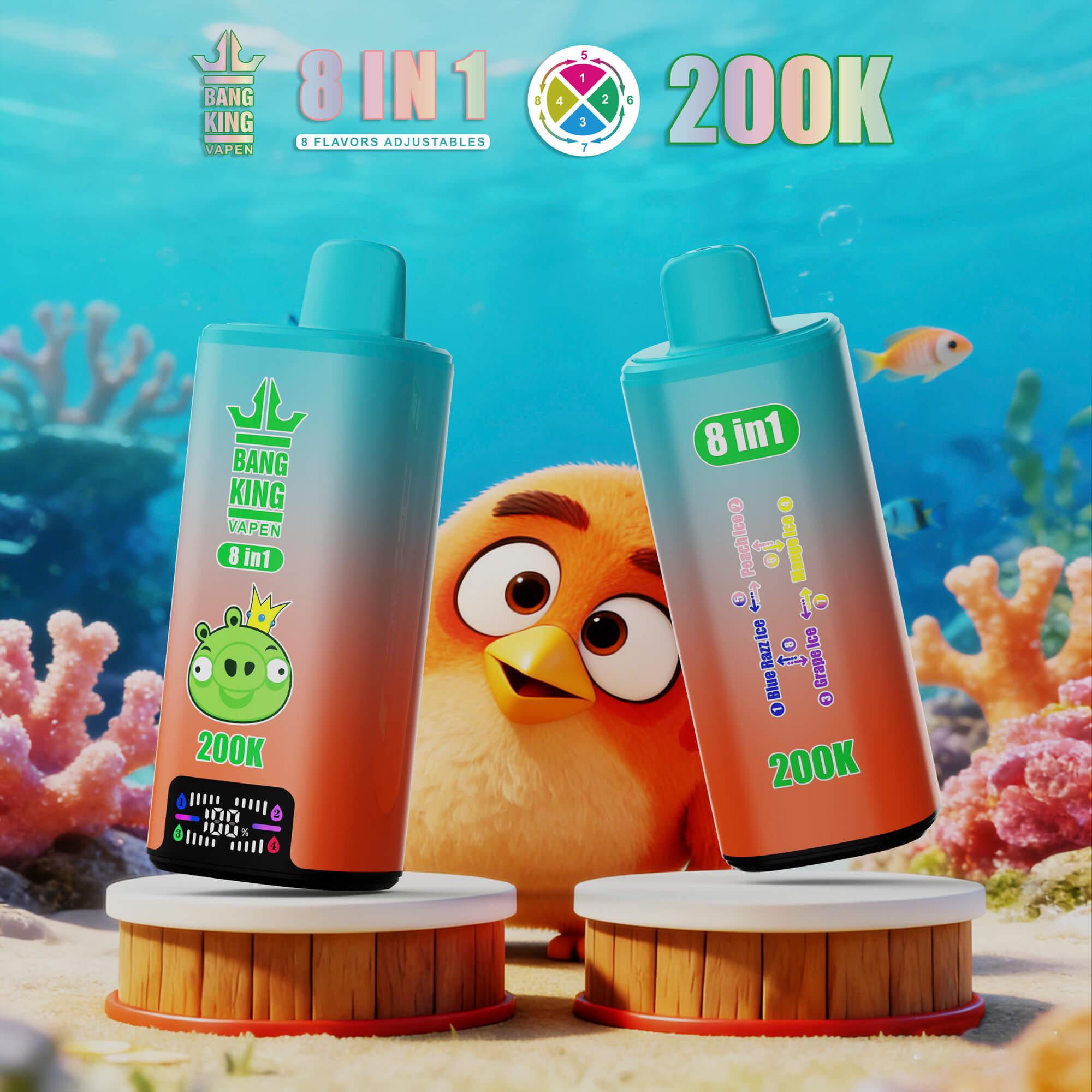 Two Bang King Vapes On Pedestals In An Underwater-Themed Ad With A Cartoon Bird And “8 In 1 200K” Text