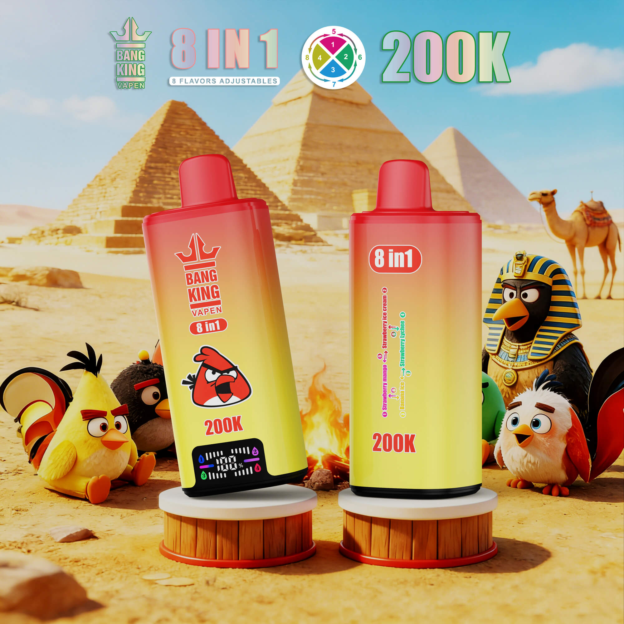 Promotional Graphic Of Bang King 8-In-1 Vape Devices In A Desert With Pyramids And Cartoon Birds And Camel