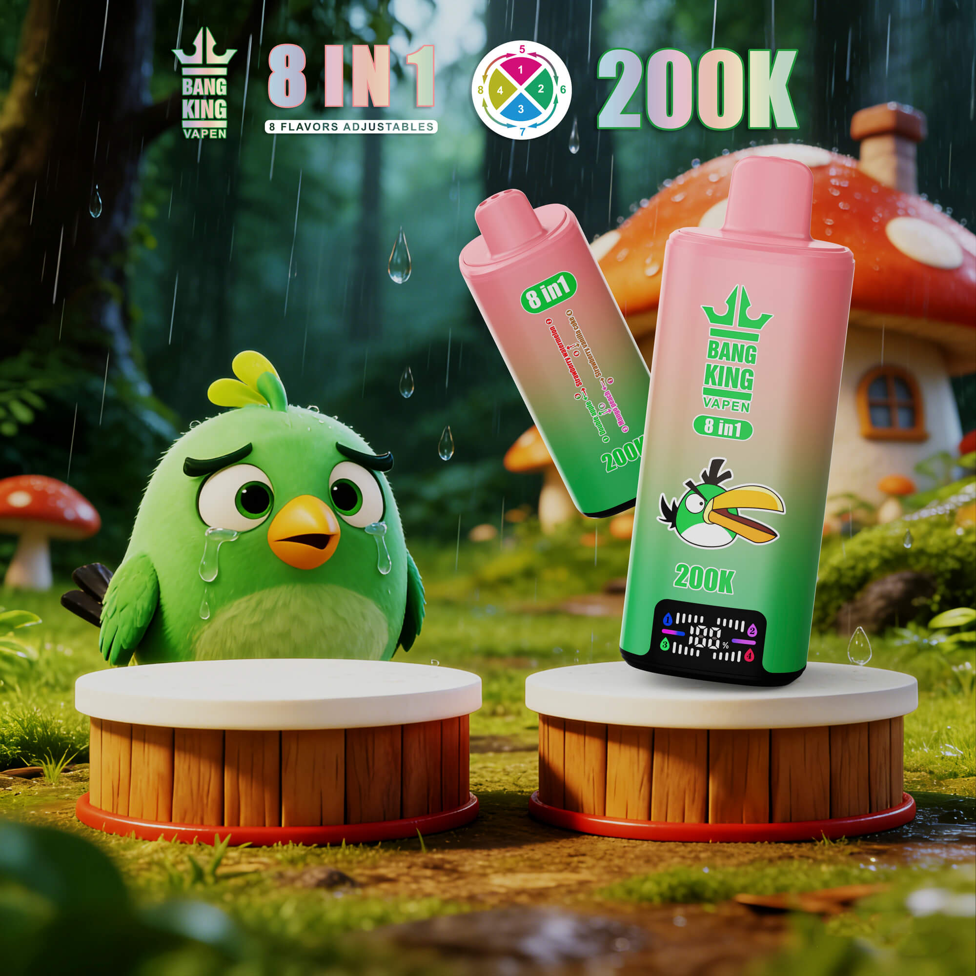 Promotional Image Of Bang King Vapes In A Rainy Forest, With A Sad Green Cartoon Bird And Text Reading 8 In 1 And 200K