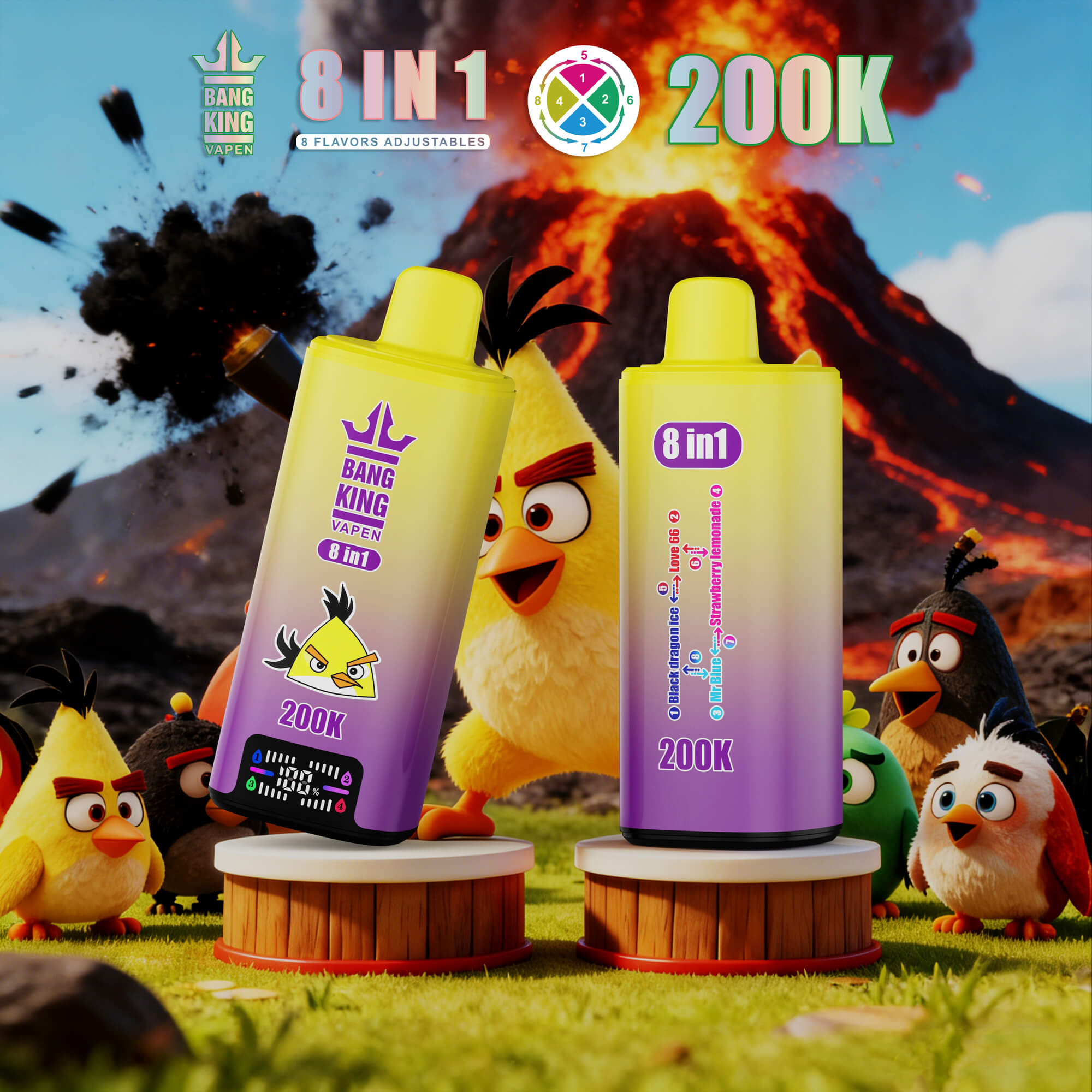 Two Yellow Bang King Vapen 8-In-1 Vape Devices Displayed Before A Volcano With Angry Birds Characters And Promotional Text