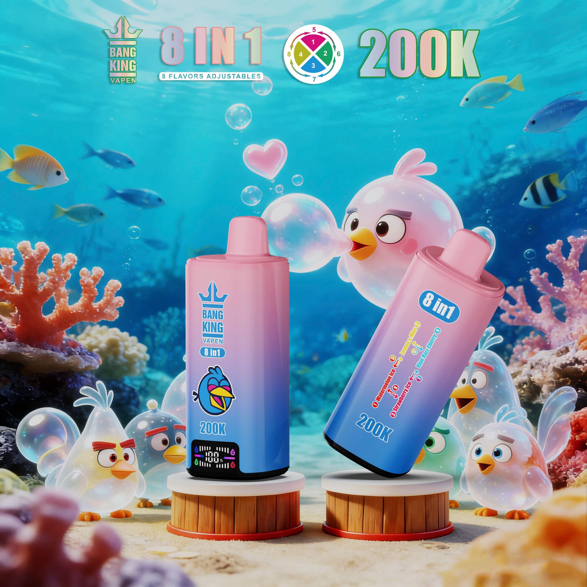 Underwater Ad For Bang King Vapen 8-In-1 200K Vape Devices With Cartoon Birds And Fish, Pink And Blue