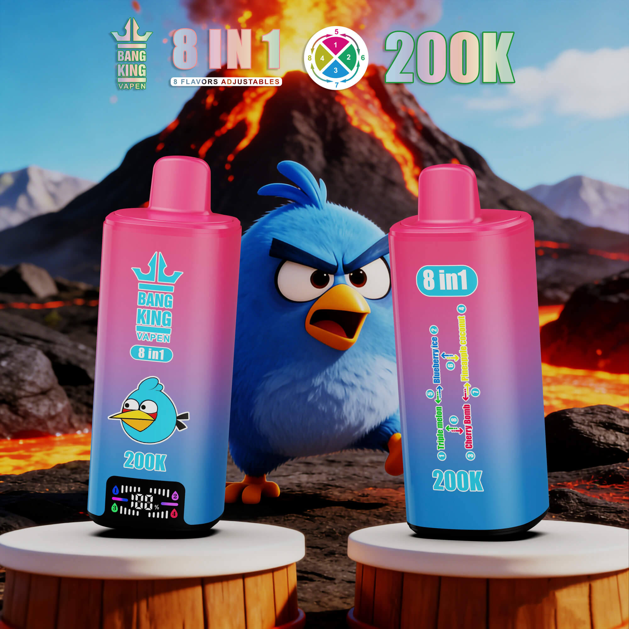Two Colorful Bang King Vape Devices With An Angry Birds-Style Blue Bird In Front Of An Erupting Volcano Background