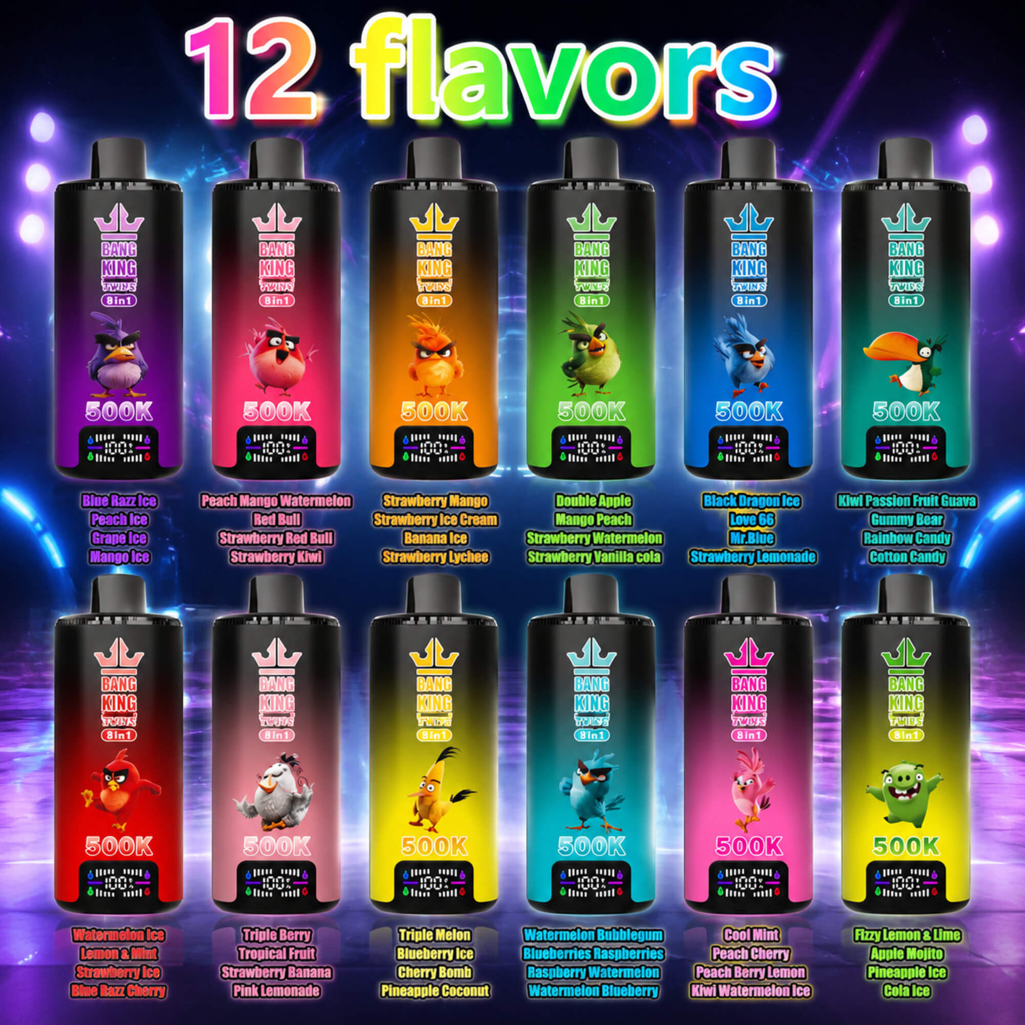 Colorful Ad Showing 12 Bang King Twins 8-In-1 Vape Flavors In Bright Rainbow Bottles With Flavor Lists Underneath