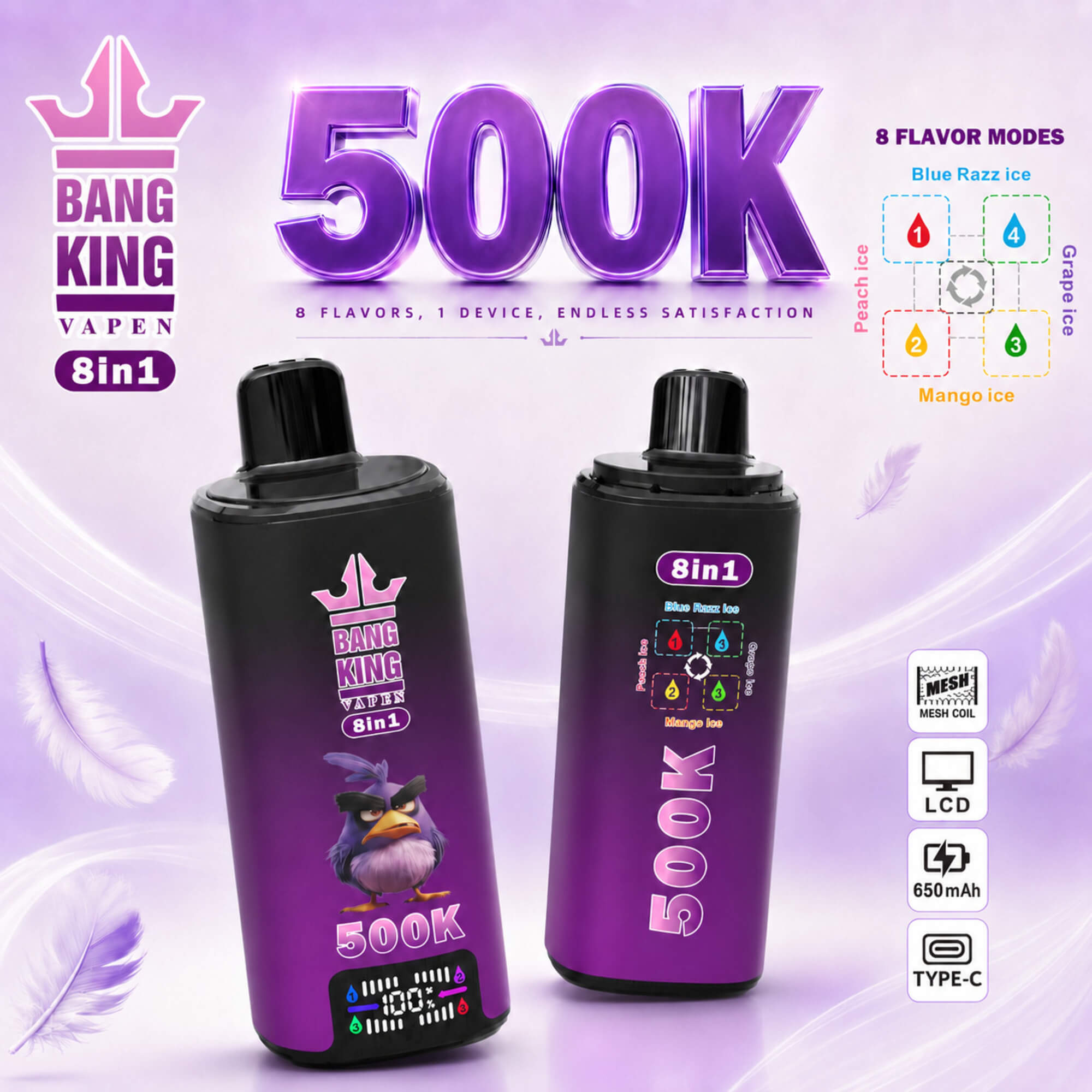 Bang King Vapen 8-In-1 Vape Ad With Two Purple 500K Devices And Flavor Mode Diagram On A Light Lavender Background