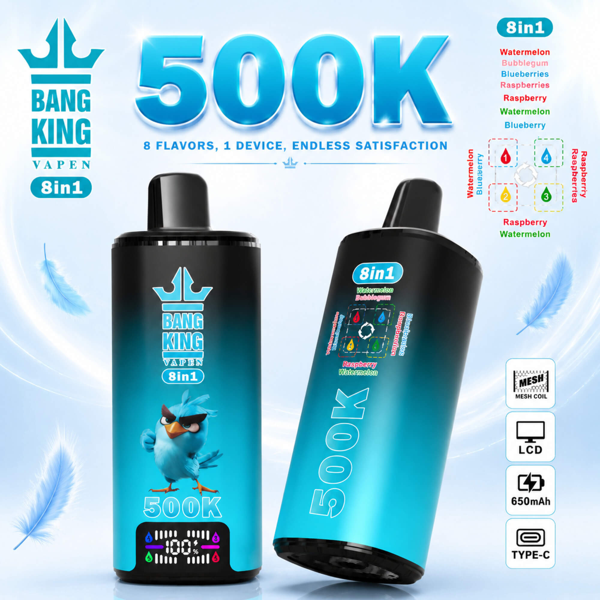 Promotional Graphic For Bang King 8In1 Vape Devices With 500K Text, Flavor List, And Feature Icons