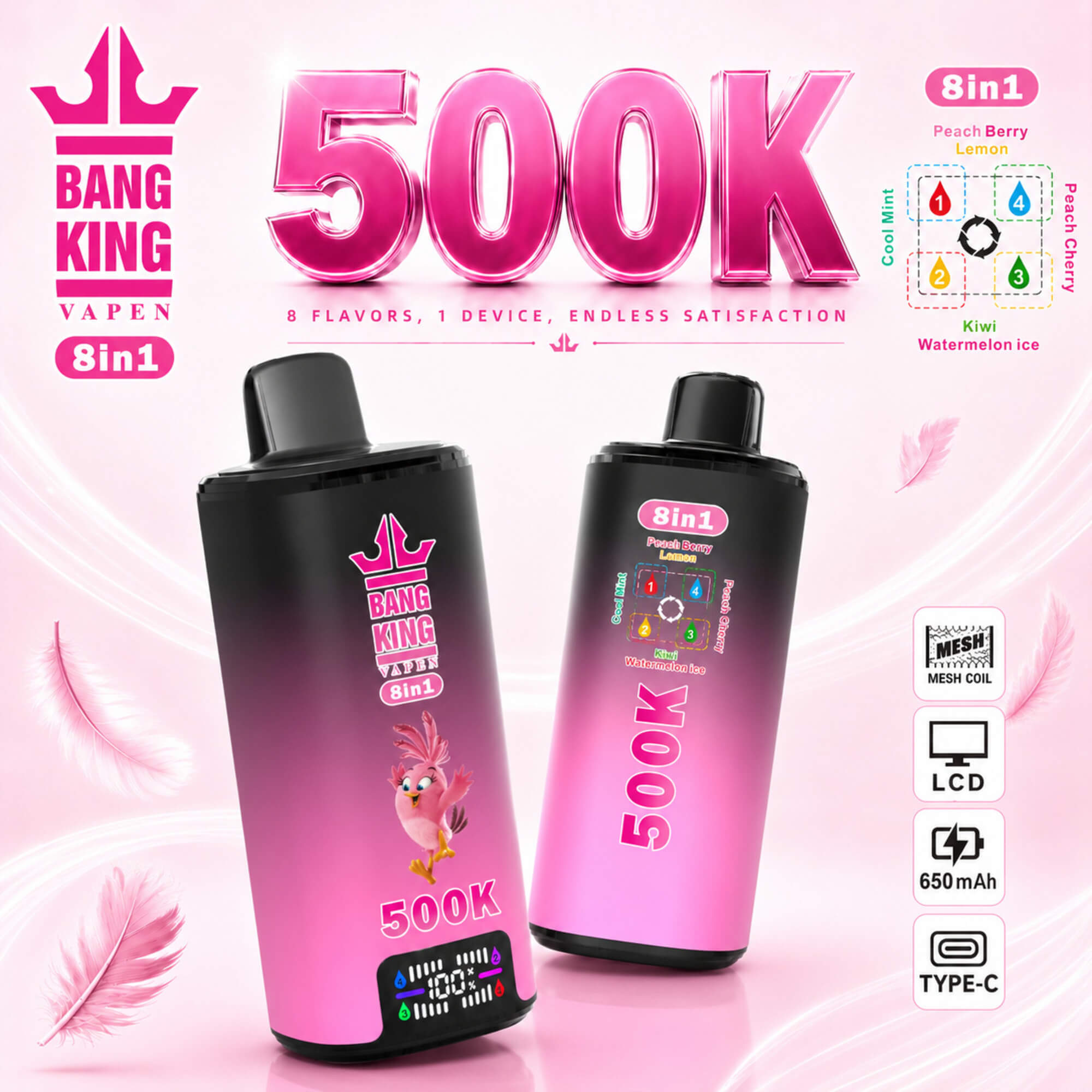 Pink Bang King Vapen 8-In-1 500K Vape Device Ad With Two Black-And-Pink Vapes And Feature Icons On A White-Pink Background