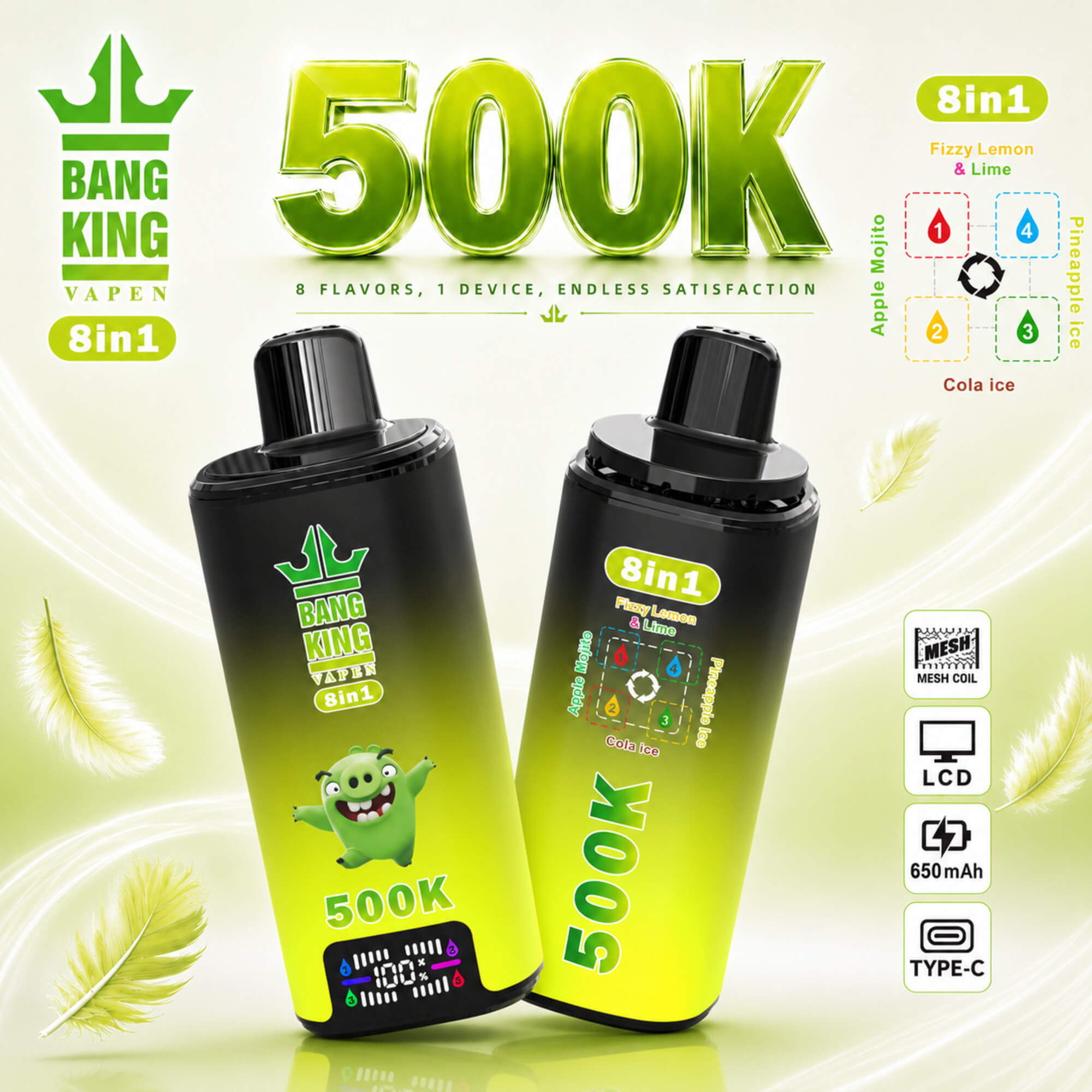 Bang King Vapen 8-In-1 Vape Ad With Two Black-And-Neon Green Devices And Flavor And Feature Icons