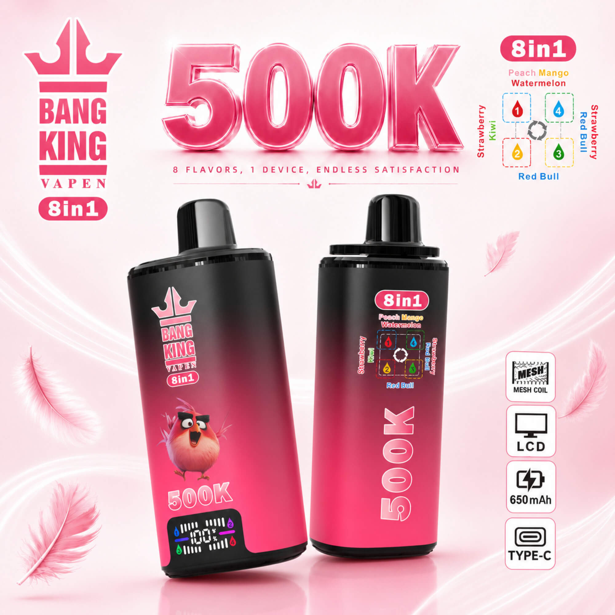 Pink Bang King 8-In-1 Vape Ad With Two Black Disposable Devices And Feature Icons