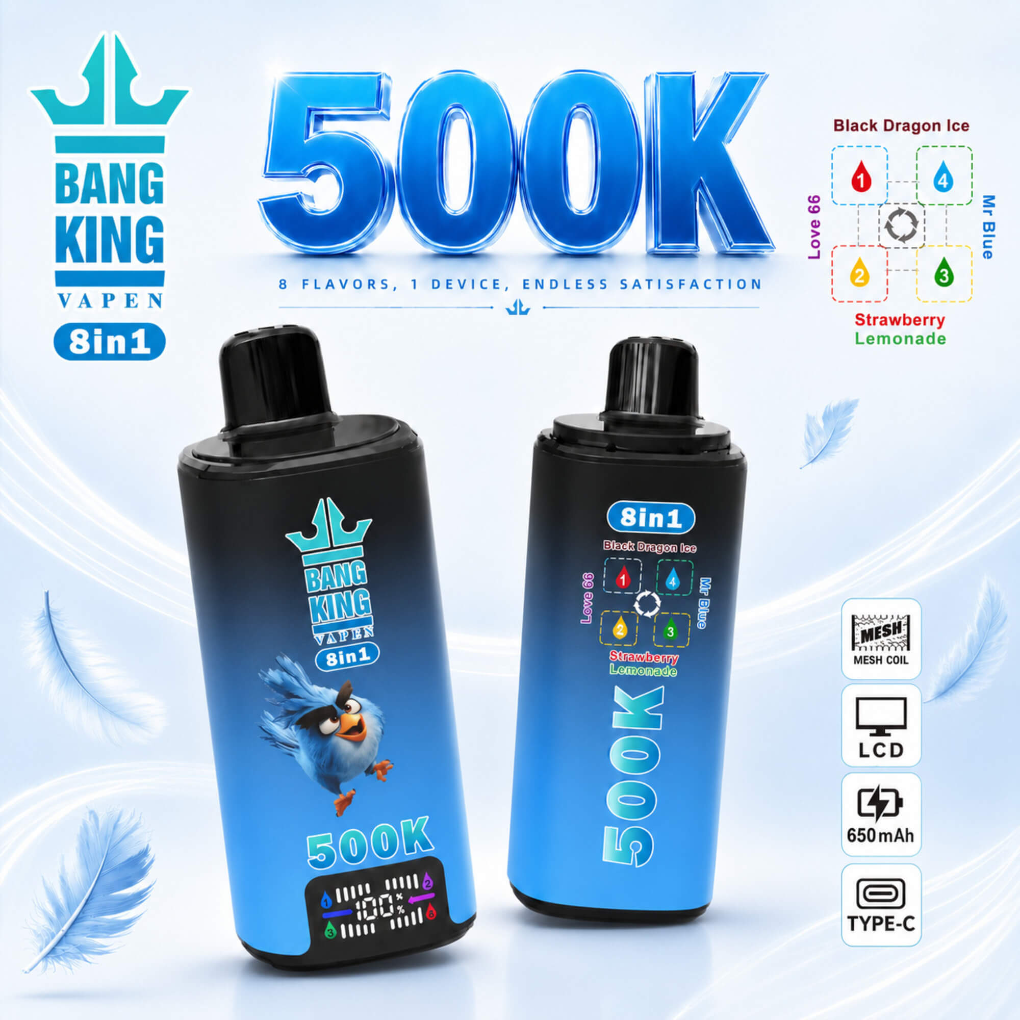 Promotional Graphic For Bang King Vapen 8-In-1 500K Vape Device With Two Black-And-Blue Units And Flavor Icons