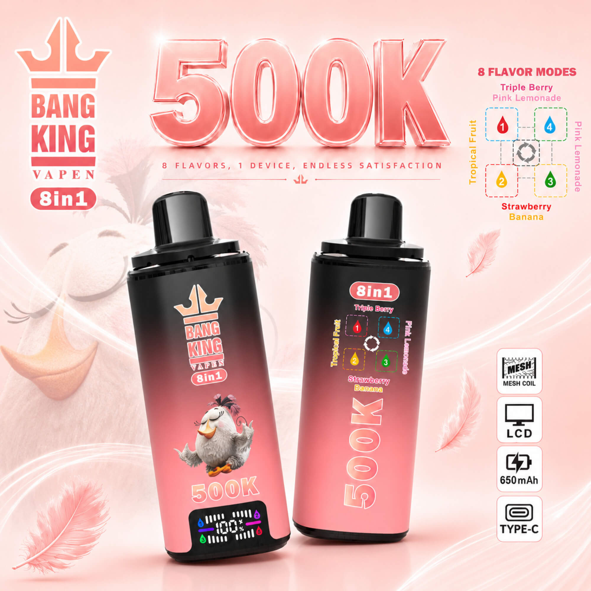 Promotional Graphic For Bang King Vape 8-In-1 500K Vape Devices In Pink, With Flavor Mode Icons And Product Features